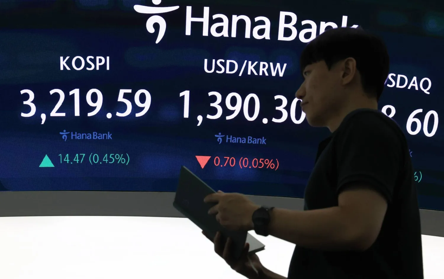 رجل يمر أمام شاشة تعرض حركة الأسهم في العاصمة الكورية الجنوبية سيول (إ.ب.أ)