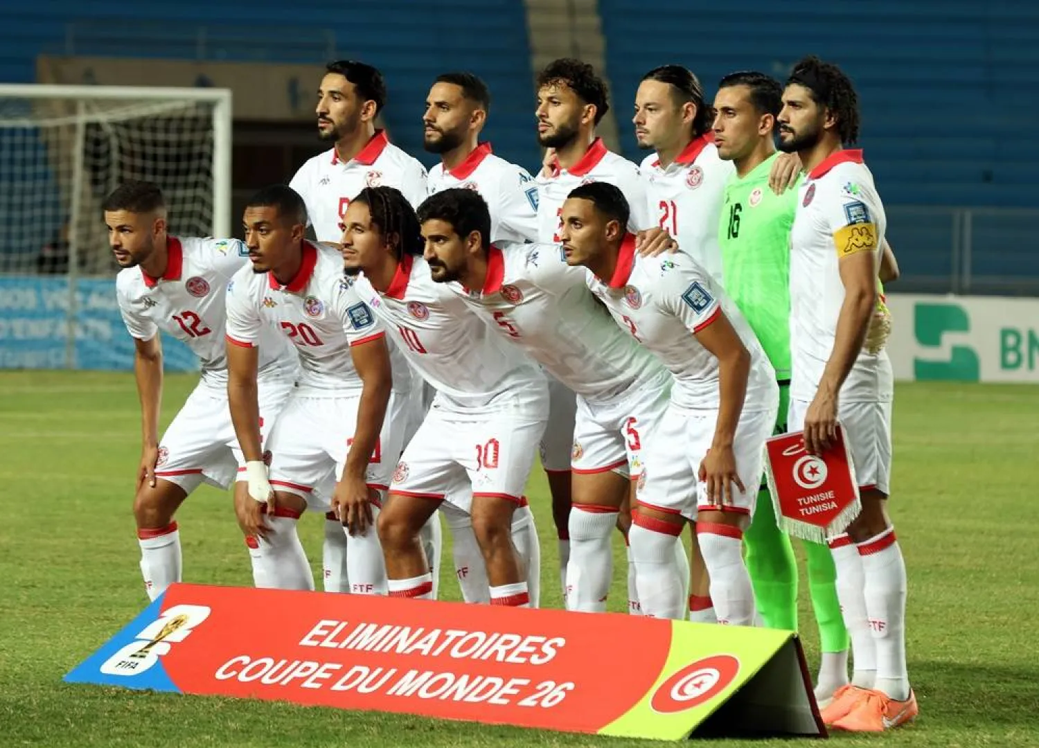 Players of Tunisia pose for a family picture ahead of the FIFA World Cup 2026 qualification soccer match between Tunisia and Liberia at Rades stadium in Tunis,Tunisia, 04 September 2025. (EPA)