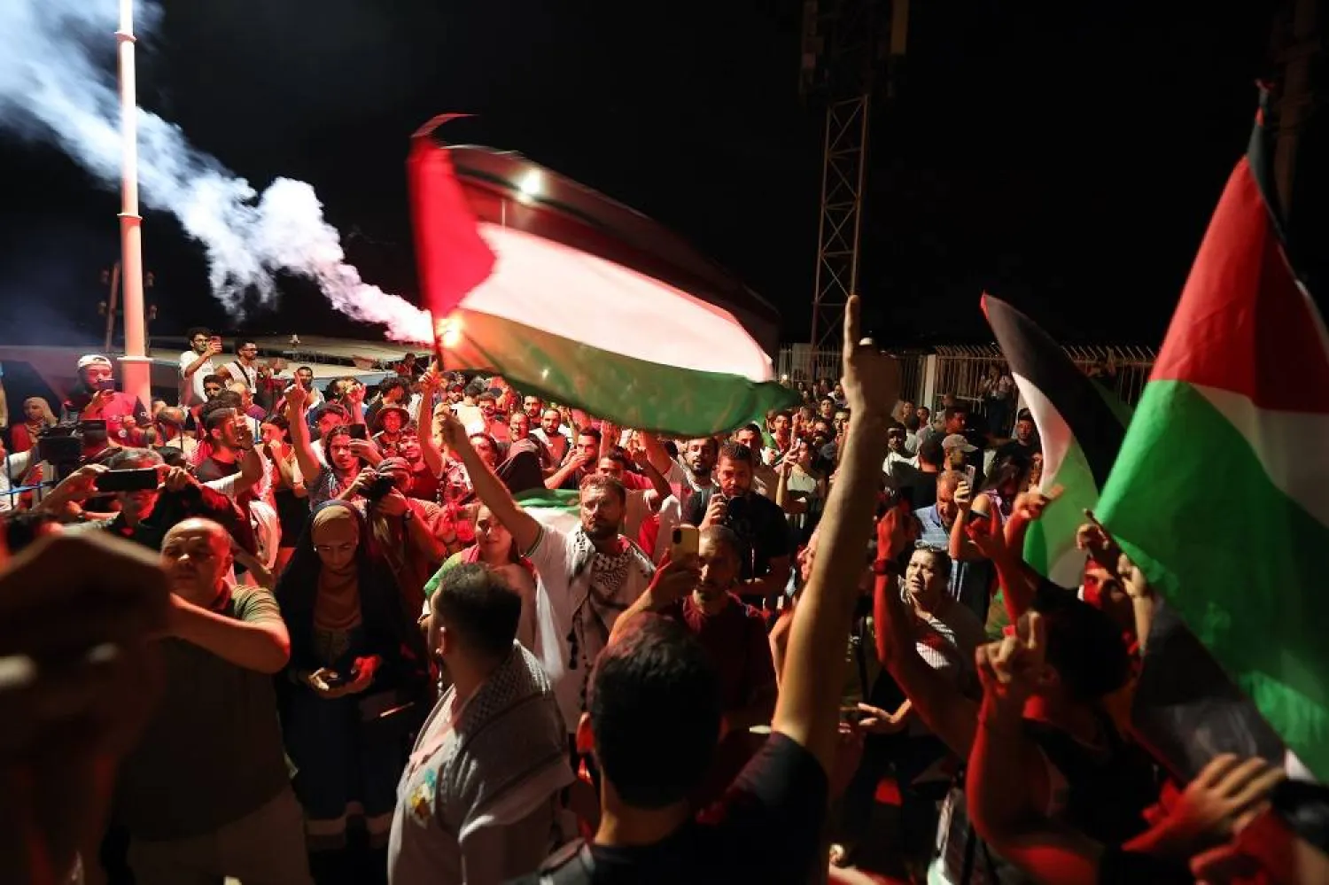 Pro-Palestinian supporters attend a demonstration held to protest an attack on the humanitarian ship Al-Dhamir, off the coast in the port of Sidi Bou Said, Tunisia, 09 September 2025. (EPA)