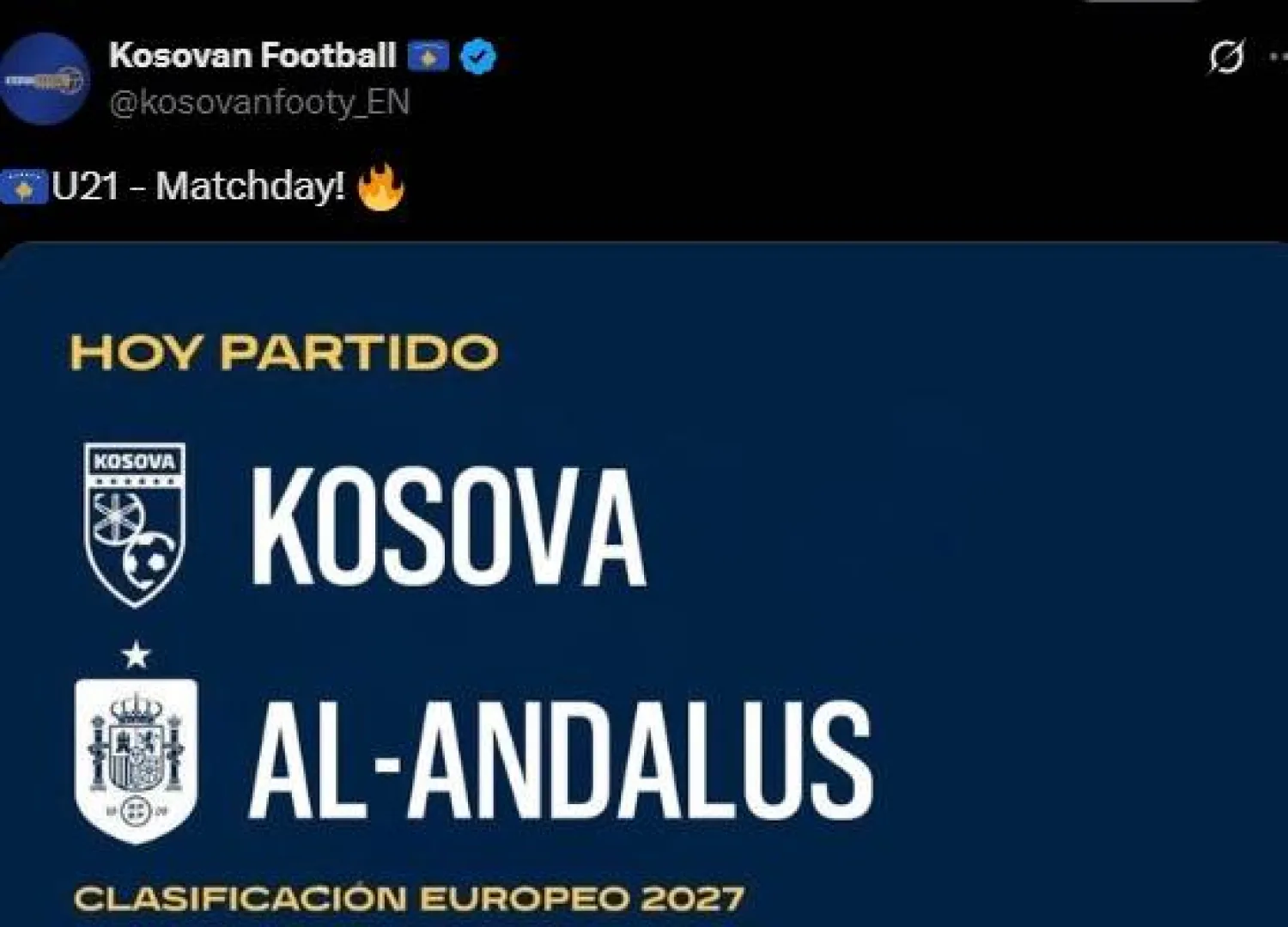 اتحاد كوسوفو لكرة القدم بث منشوراً تضمن اسم «الأندلس» بدلاً من «إسبانيا»... (الاتحاد)