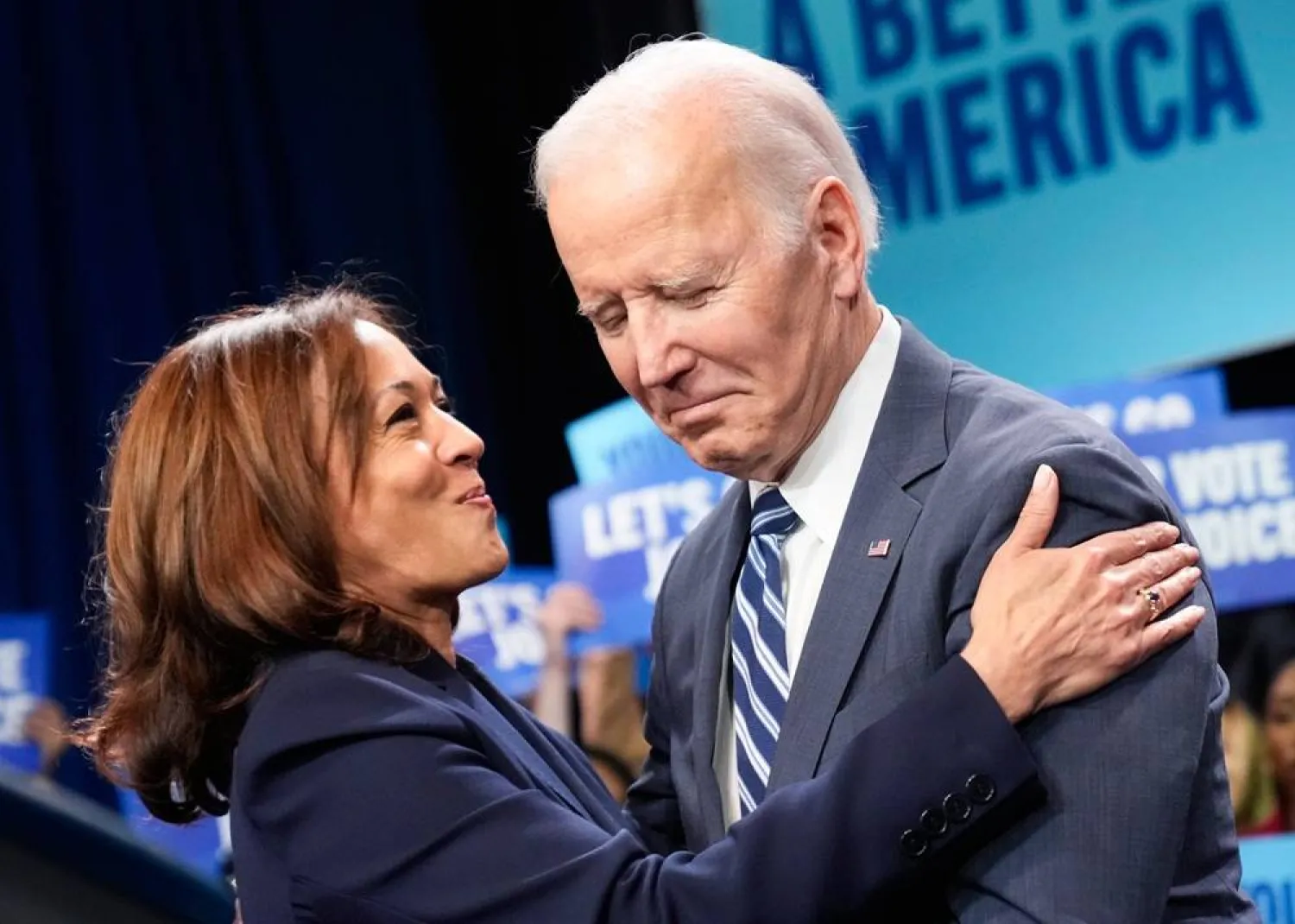 Vice President Kamala Harris hugs President Joe Biden as he walks to speak at Howard Theater in Washington, Nov. 10, 2022. (AP)