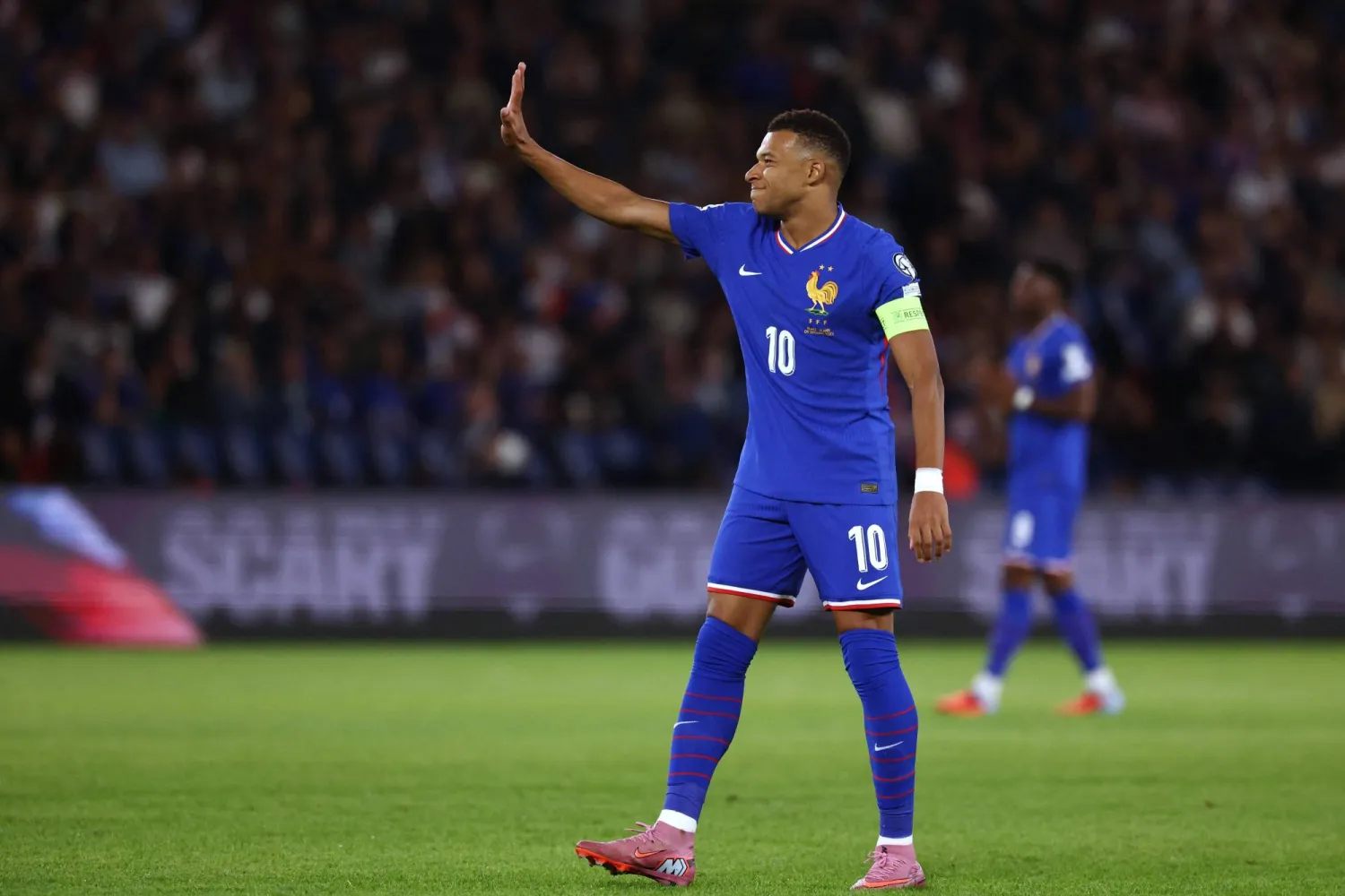 France's forward #10 Kylian Mbappe reacts  during the FIFA World Cup 2026 Group D European qualification football match between France and Iceland at the Parc des Princes stadium in Paris, on September 9, 2025. (Photo by FRANCK FIFE / AFP)