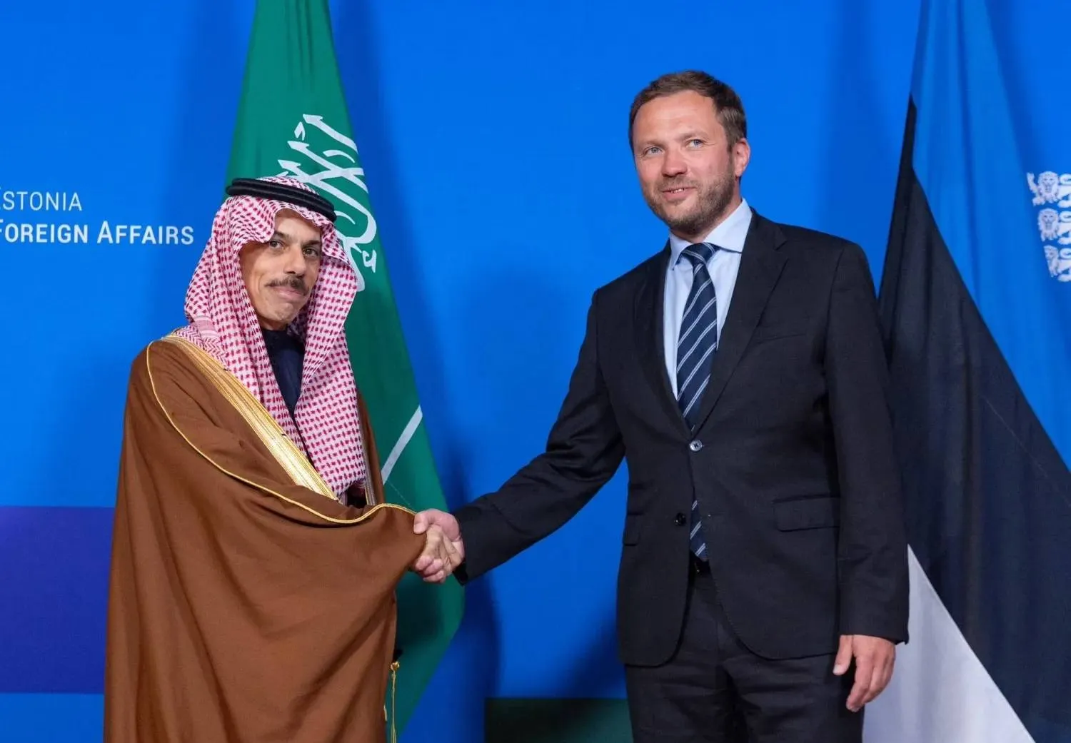 Minister Margus Tsahkna welcoming Prince Faisal bin Farhan in the Estonian capital, Tallinn, July 2024 (Saudi Foreign Ministry)