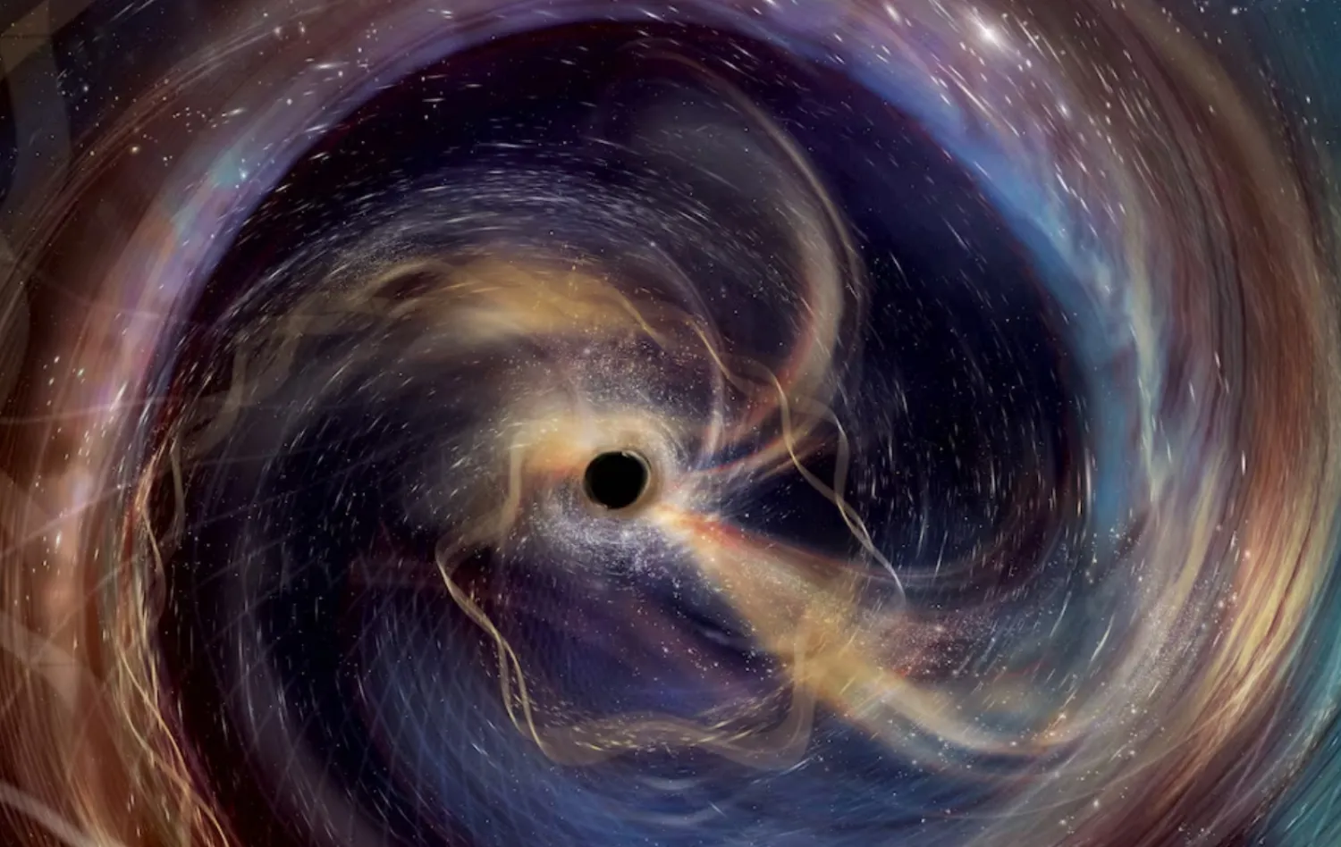 This artist's conception shows events immediately preceding a powerful collision between two black holes, observed in gravitational waves by the US National Science Foundation's LIGO. It depicts the view from one of the black holes as it spirals toward its cosmic partner. The image was released on September 9, 2025. - Reuters