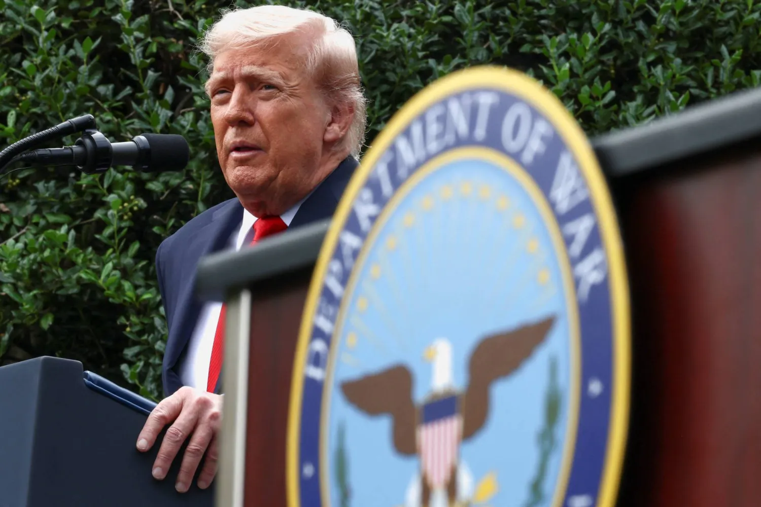 US President Donald Trump delivers a speech during a ceremony marking the 24th anniversary of the September 11, 2001, attacks on the United States at the Pentagon, in Washington D.C., US, September 11, 2025. REUTERS/Evelyn Hockstein
