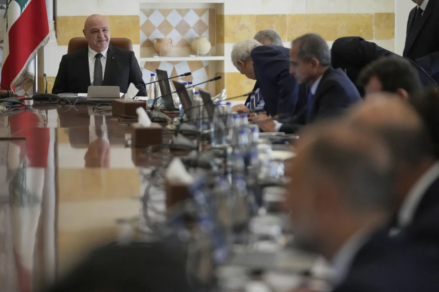 Lebanese President Joseph Aoun, left, heads a cabinet meeting, at the Presidential palace in Baabda, east of Beirut, Friday, Sept. 5, 2025. (AP Photo/Hussein Malla)