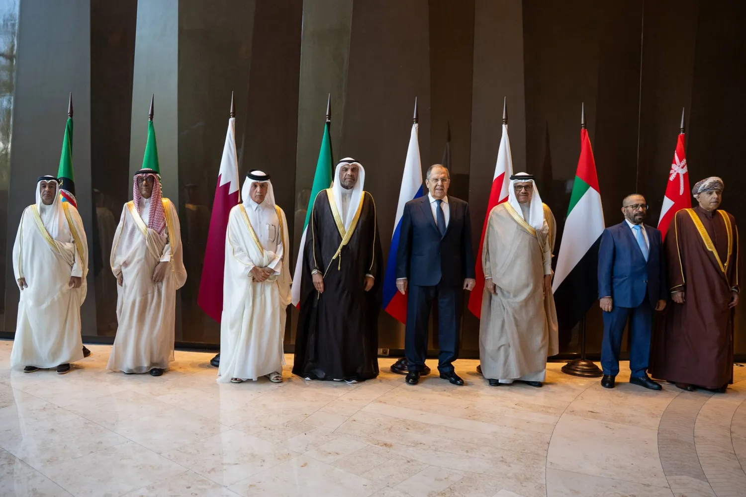 Gulf officials and Russian FM Lavrov pose for a family photo during the meeting in Sochi. (GCC)