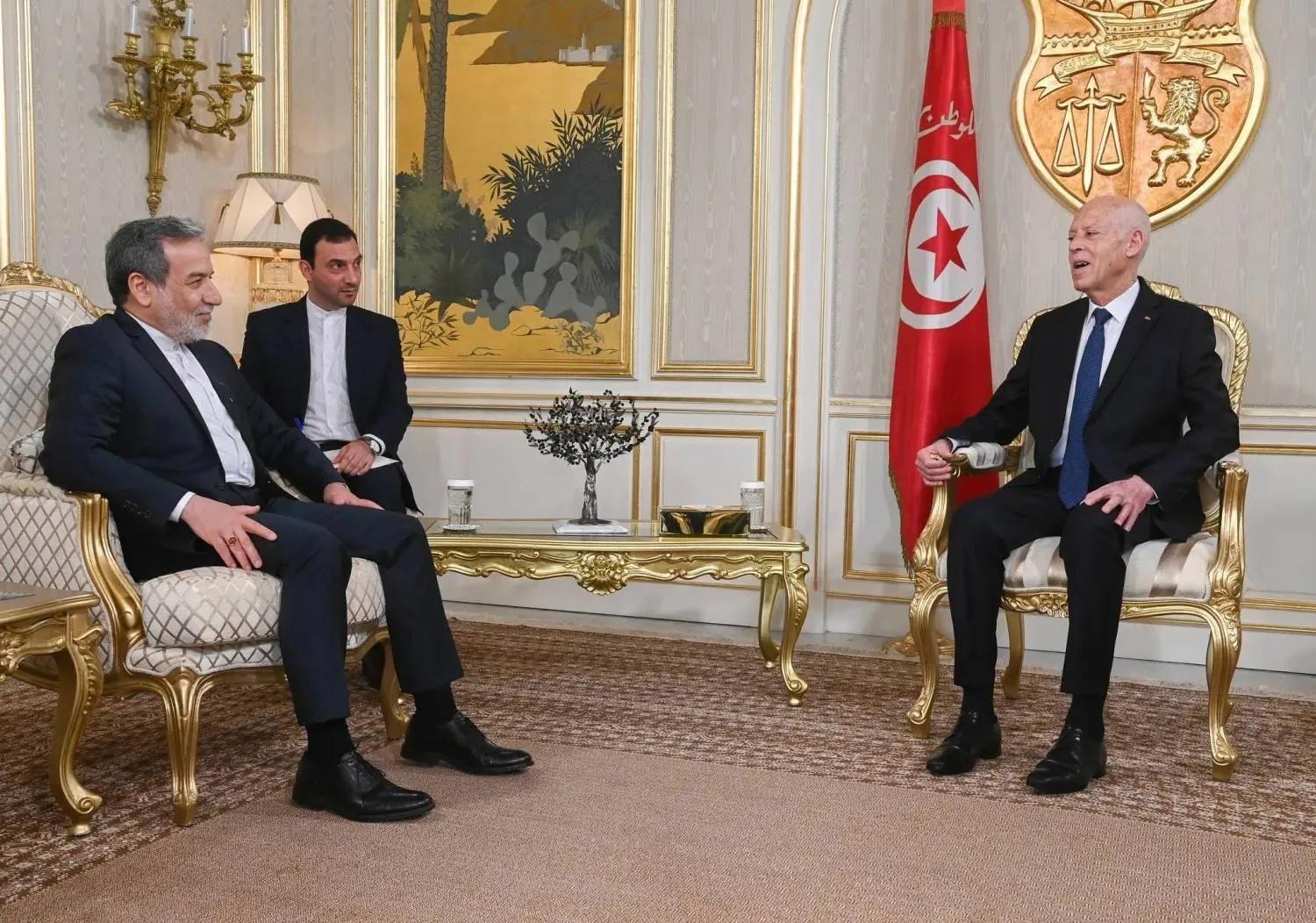 Tunisia’s President Kais Saied meets Iranian Foreign Minister Abbas Araghchi in Tunis on Wednesday (Tunisian Presidency)