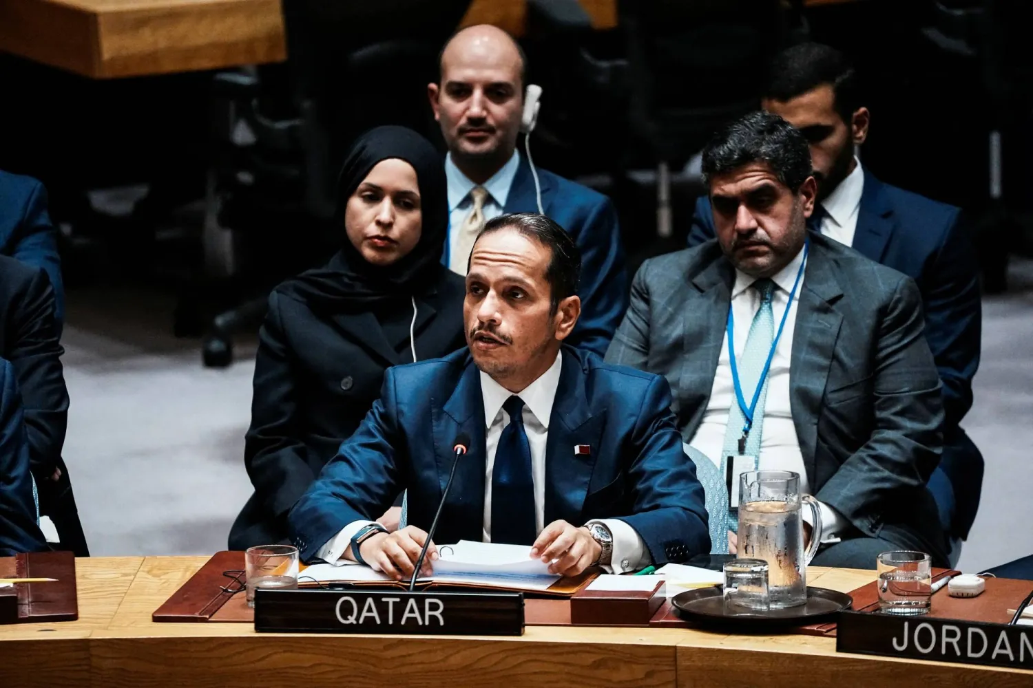 Qatar's Prime Minister and Minister for Foreign Affairs Sheikh Mohammed bin Abdulrahman Al-Thani addresses delegates during an emergency meeting of the United Nations Security Council at UN headquarters in New York City, US, September 11, 2025. REUTERS/Eduardo Munoz