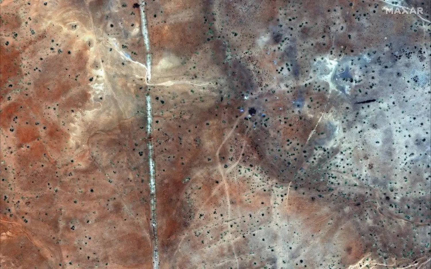 A satellite image shows long-range "suicide" drones and launching gear north of the airport in Nyala, Sudan, May 6, 2025. (Maxar Technologies/Handout via Reuters) 