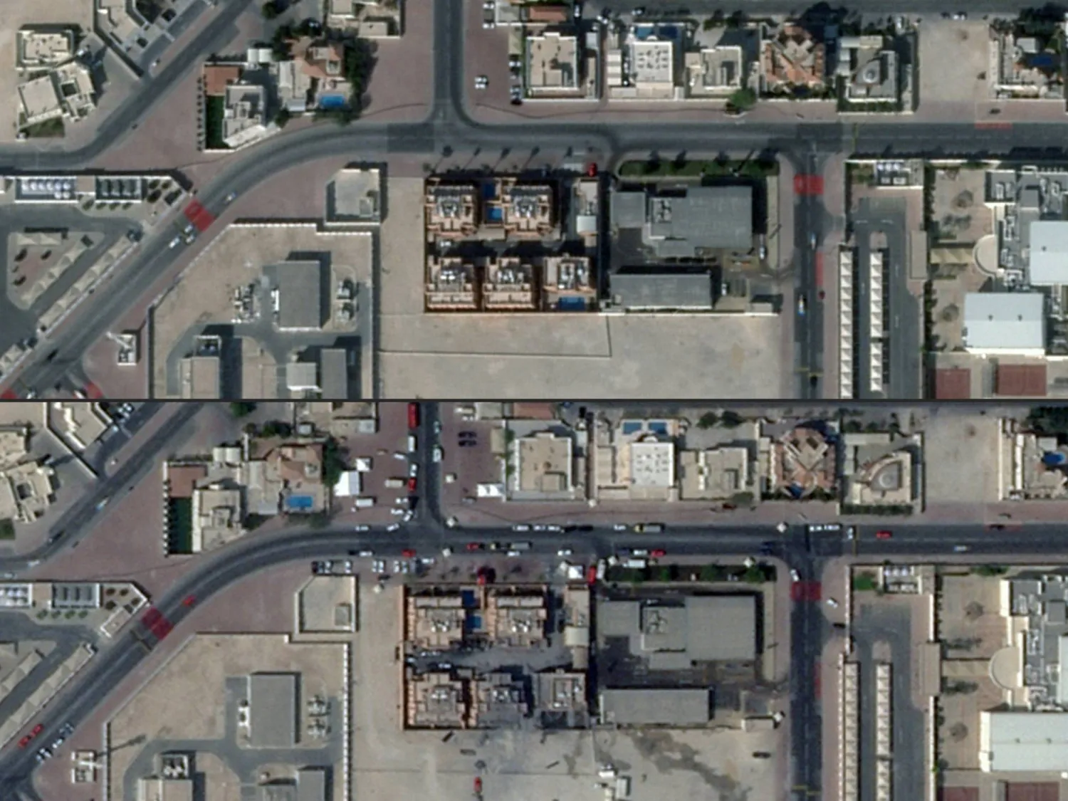 تُظهر هذه الصورة المركبة مجمعًا في العاصمة القطرية الدوحة في 24 يناير (أعلى) و(أسفل) بعد  استهداف المجمع في غارة إسرائيلية استهدفت قادة حماس (أ.ف.ب)