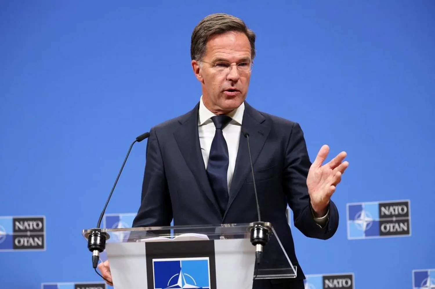  NATO Secretary General Mark Rutte speaks during a joint press conference with Supreme Allied Commander Europe Alexus G. Grynkewich (not pictured), at the Alliance headquarters in Brussels, Belgium September 12, 2025. (Reuters)