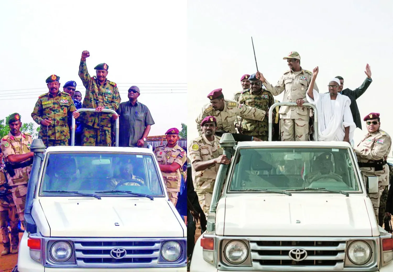 Sudan Ordu Komutanı Orgeneral Abdulfettah el-Burhan ve Hızlı Destek Kuvvetleri (HDK) Komutanı Korgeneral Muhammed Hamdan Dagalu’nun (Hamideti) Nisan 2023'te başlayan çatışma öncesi görüntüleri (Arşiv – AFP)