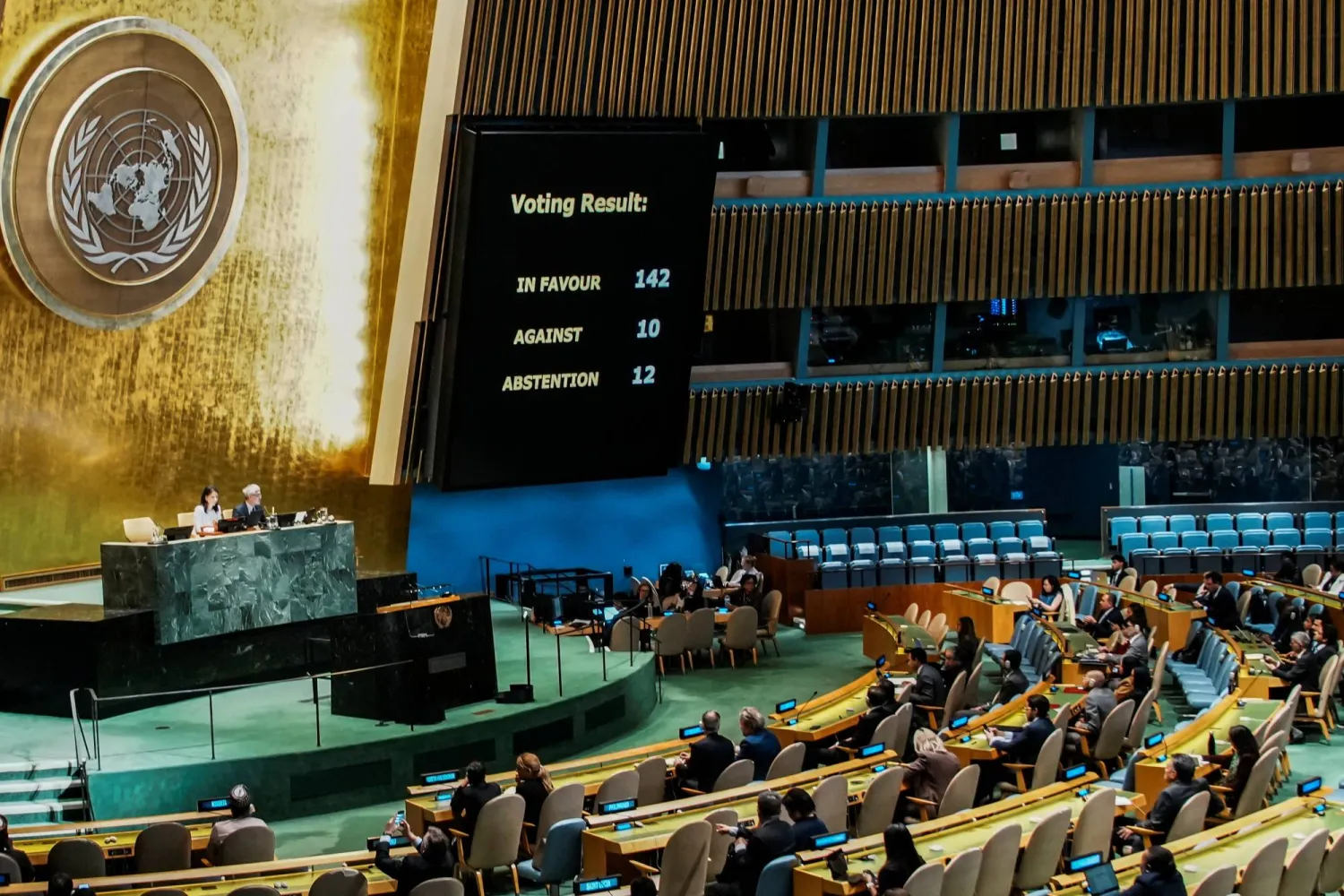 Members of the United Nations General Assembly vote on the Question of Palestine and the Implementation of the Two-State Solution, at UN headquarters in New York City, US, September 12, 2025. REUTERS/Eduardo Munoz