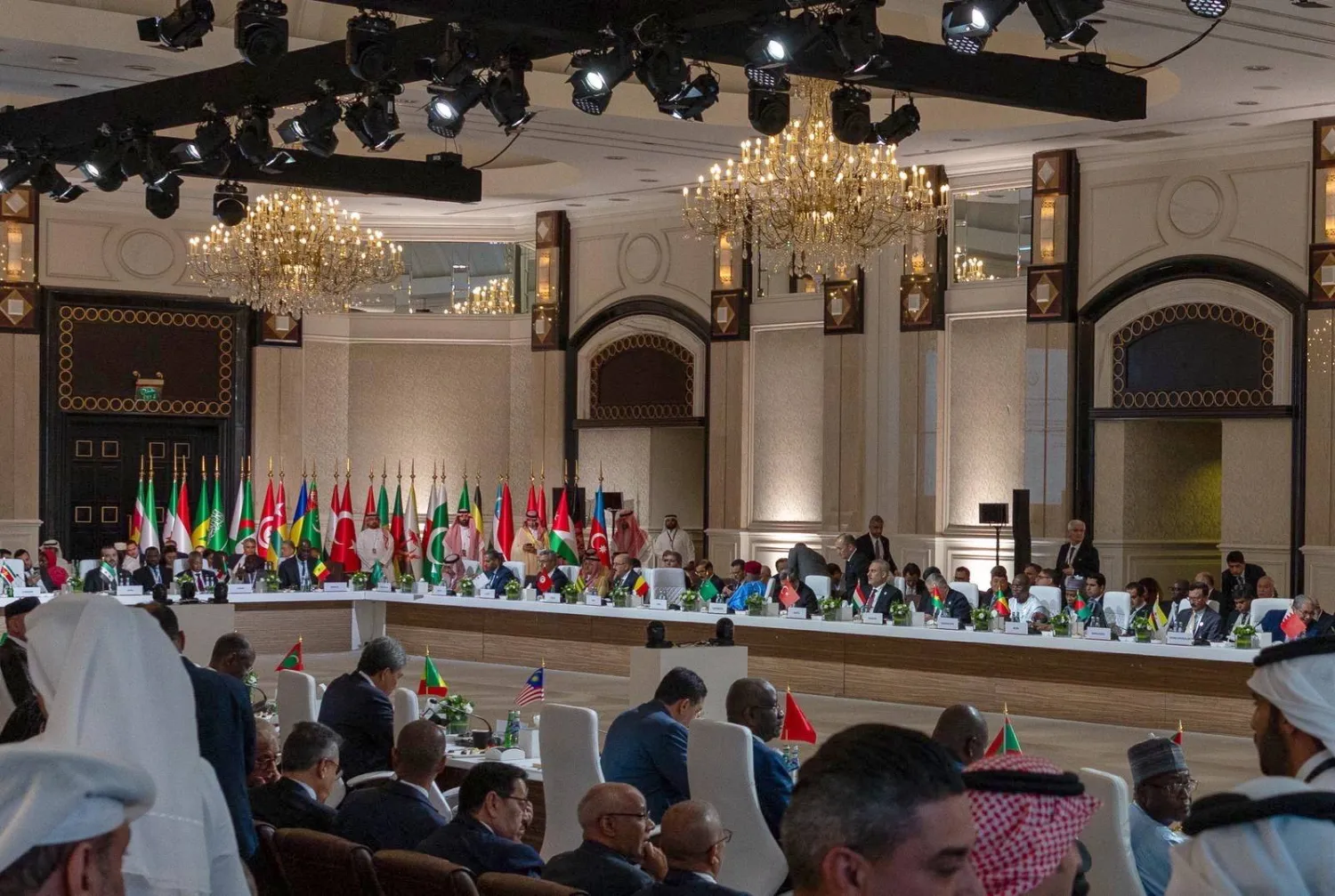 A handout photo made available by the Turkish Foreign Minister's Press Office shows delegations at the Foreign Ministers Meeting of the Organization of Islamic Cooperation-Arab League Joint Extraordinary Summit in Doha, Qatar, 14 September 2025. (EPA/Turkish Foreign Minister Press Office Handout) 