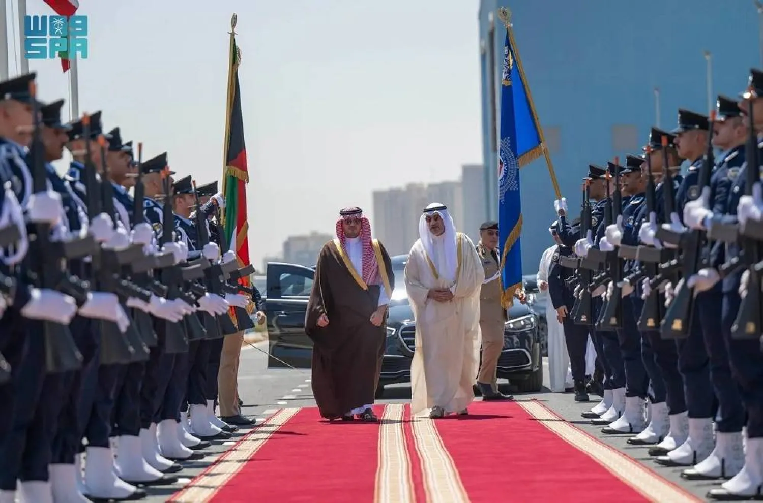 Saudi Minister of Interior Prince Abdulaziz bin Saud bin Naif bin Abdulaziz visits the General Administration of the Coast Guard at Sabah Al-Ahmad Naval Base in Kuwait on Monday. (SPA)