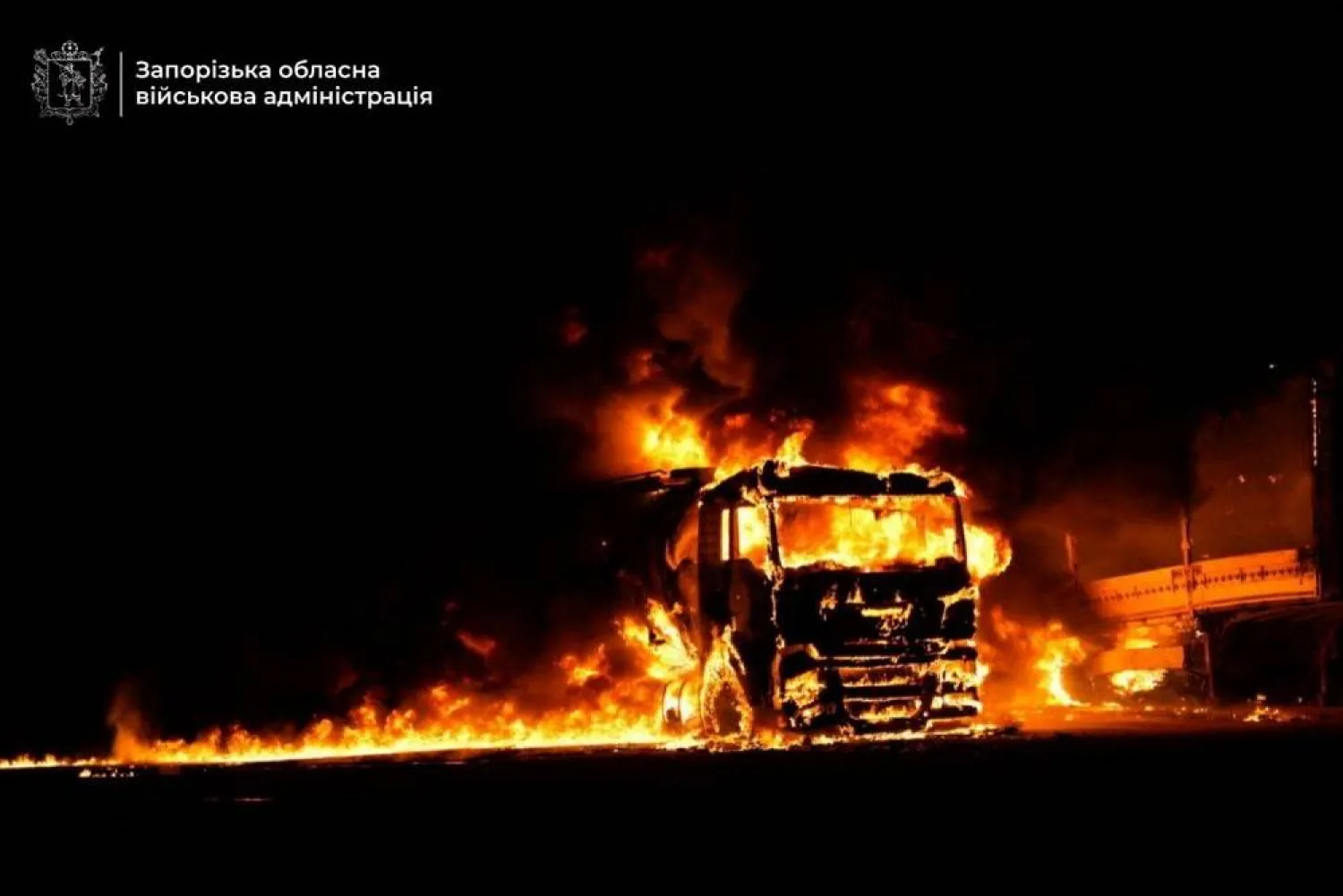 A truck burns at the site of the Russian missile strike, amid Russia's attack on Ukraine, in Zaporizhzhia, Ukraine in this handout picture released September 16, 2025. (Zaporizhzhia Regional Military Administration via Telegram/Handout via Reuters)