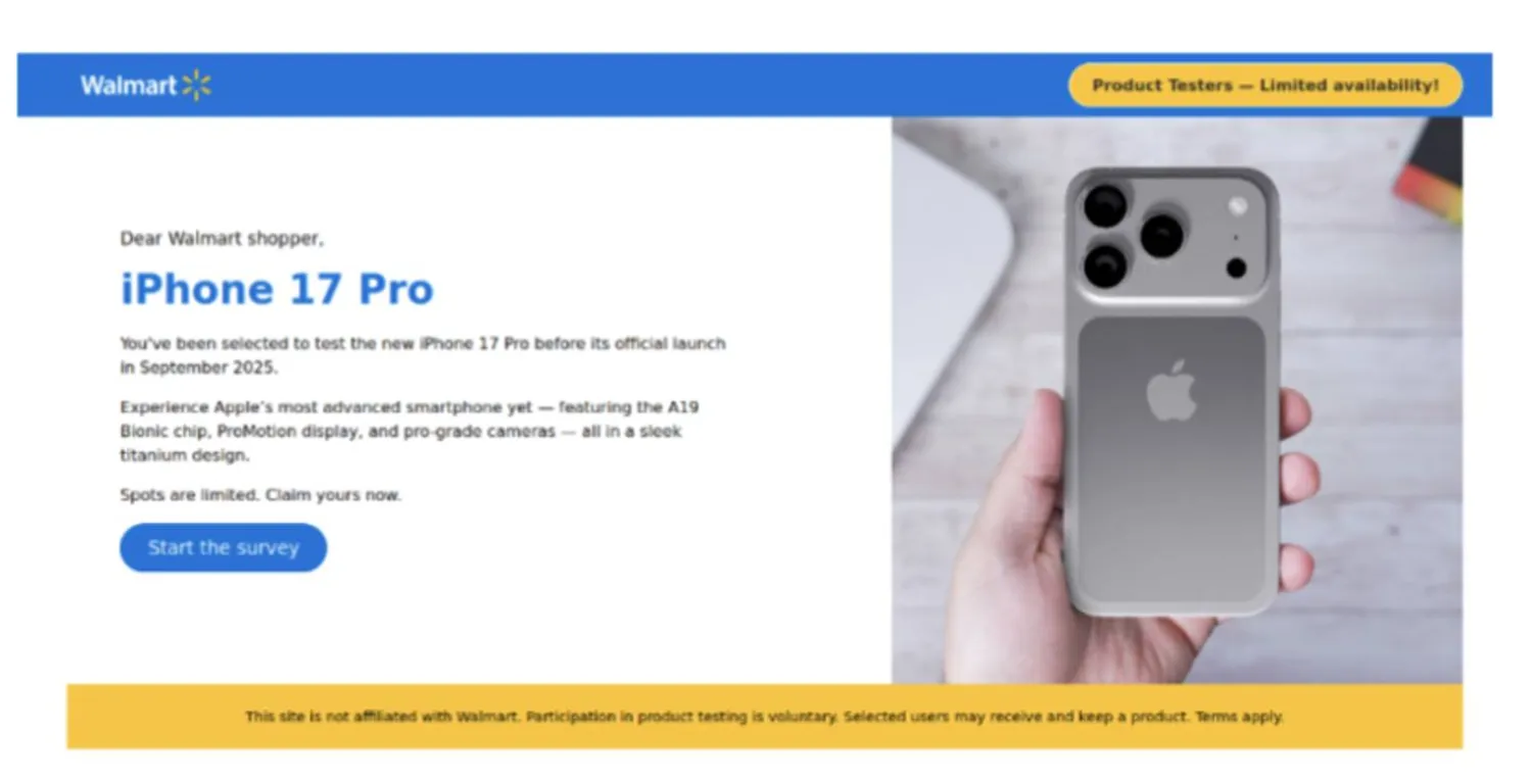 صورة لعملية احتيال تتضمن استطلاع رأي لتحصل على فرصة اختبار الـ«آيفون» الجديد (كاسبرسكي)