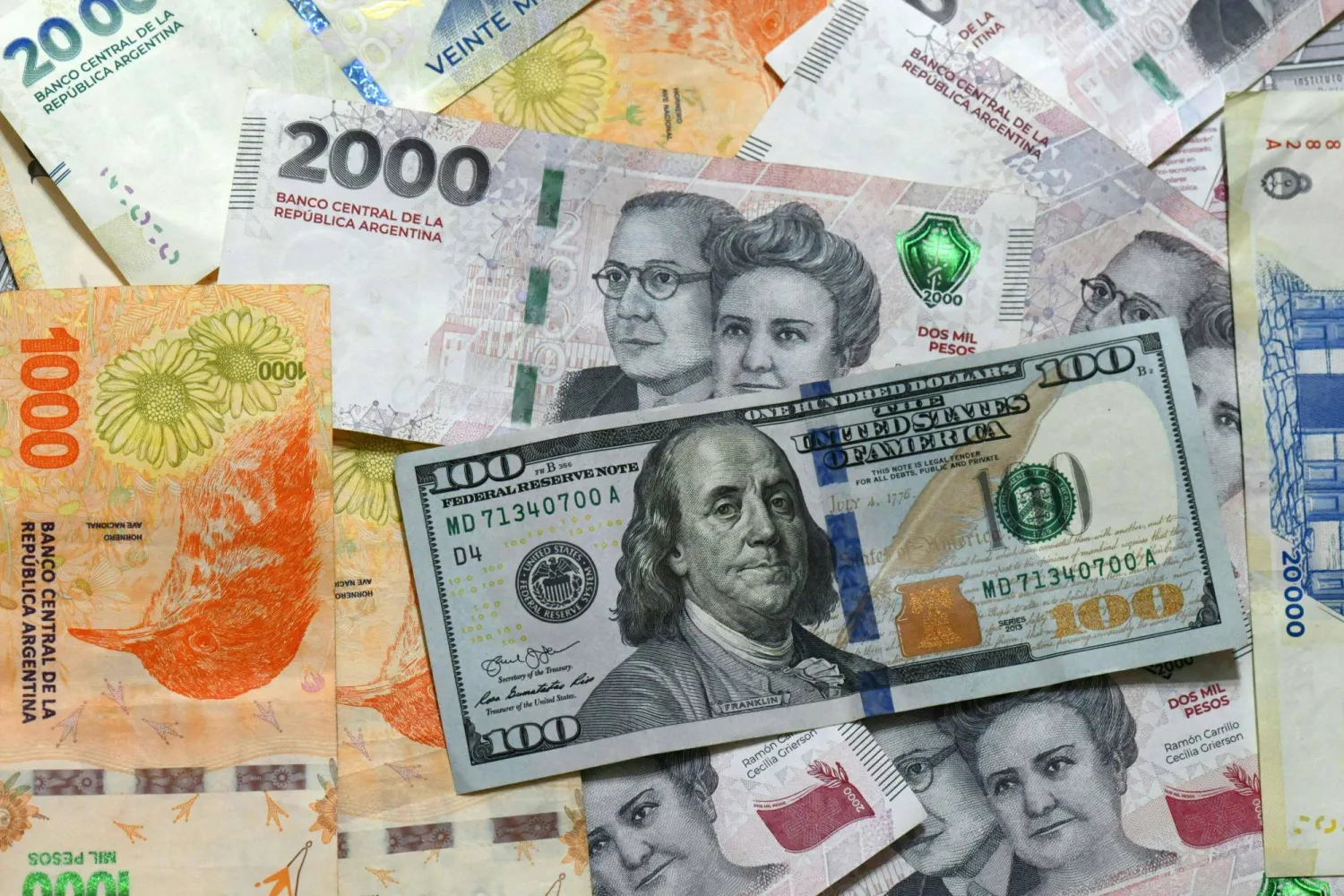 أوراق من الدولار الأميركي والبيزو الأرجنتيني (أ.ف.ب)