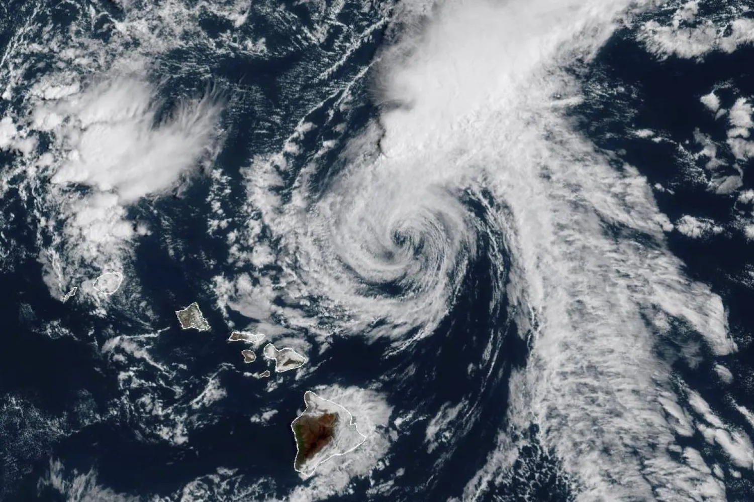This GOES-West GeoColor satellite image taken Tuesday, Sept. 9, 2025 and provided by NOAA, shows Hurricane Kiko churning north of Hawaii. (NOAA via AP)