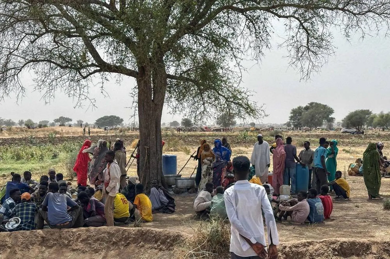 People who fled the Zamzam camp for the internally displaced after it fell under RSF control, gather for communal cooking in a makeshift encampment in an open field near the town of Tawila in war-torn Sudan's western Darfur region on April 13, 2025. (AFP)