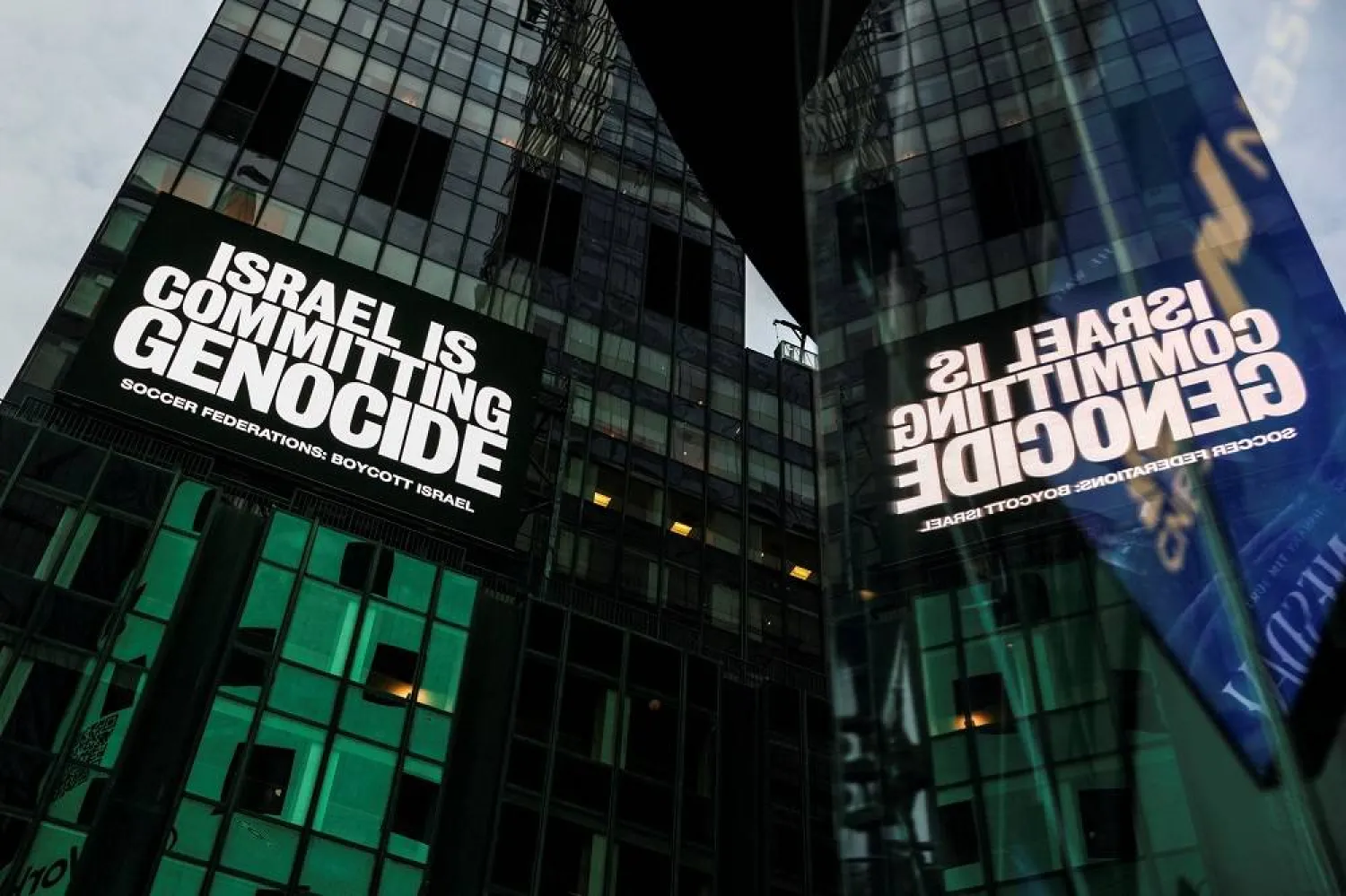 A billboard in Times Square displays the message "Israel is committing genocide" as part of the campaign by Game Over Israel calling for a boycott of Israel by national soccer federations over the war in Gaza, in New York City, US, September 16, 2025. (Reuters) 