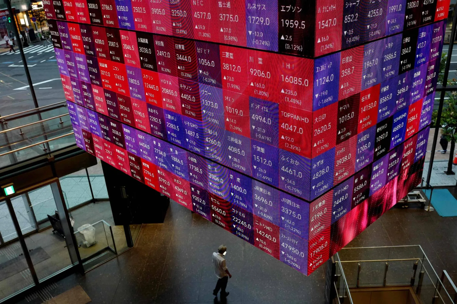 شاشة ضخمة تعرض حركة الأسهم داخل مقر البورصة في العاصمة اليابانية طوكيو (أ.ف.ب)