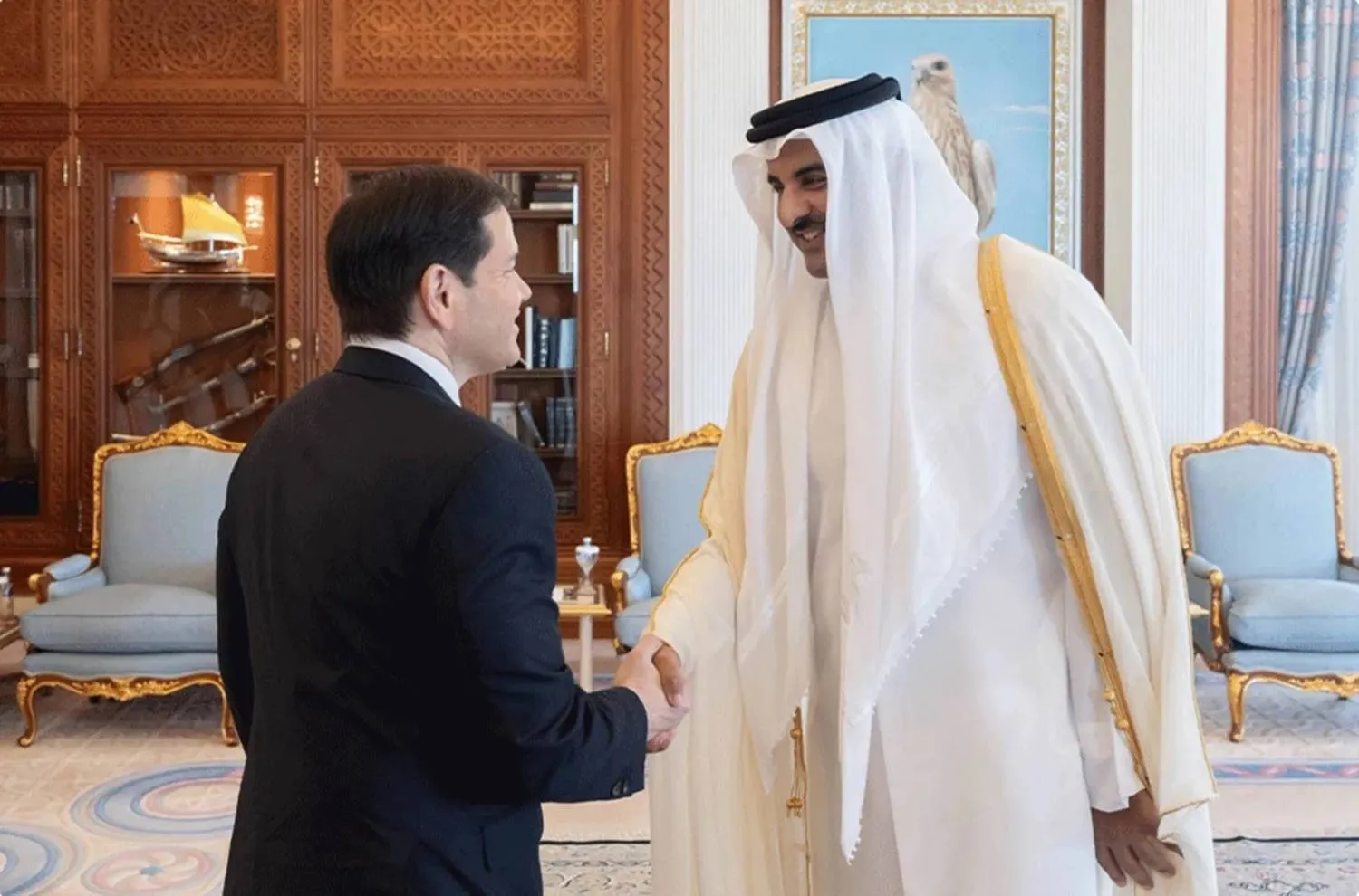 Emir of Qatar Sheikh Tamim bin Hamad Al-Thani welcomes US Secretary of State Marco Rubio in Doha on Tuesday. (QNA) 