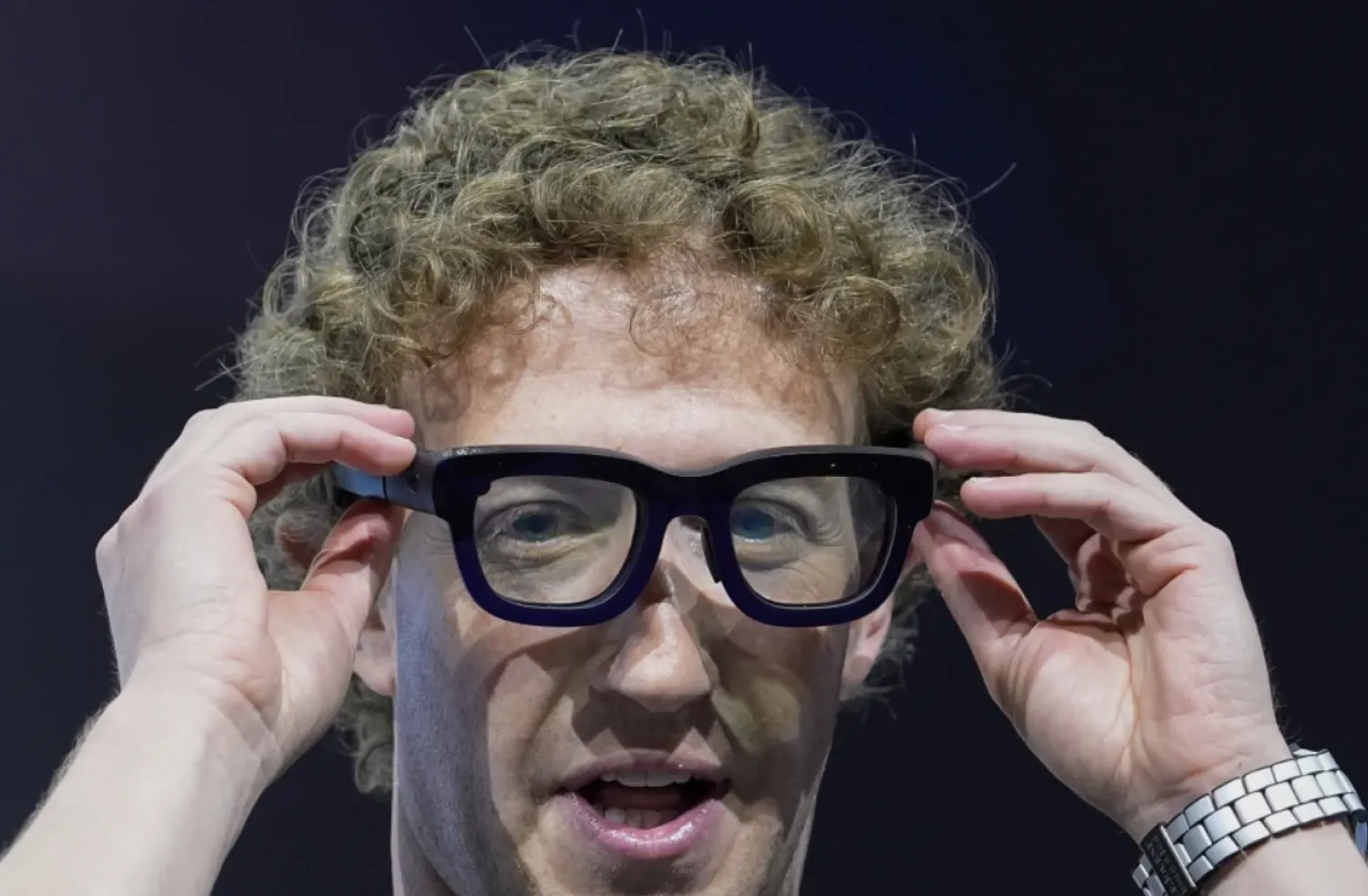 Mark Zuckerberg wears a pair of Orion AR glasses during the Meta Connect conference on Sept. 25, 2024, in Menlo Park, Calif. (AP Photo/Godofredo A. Vásquez, File)

