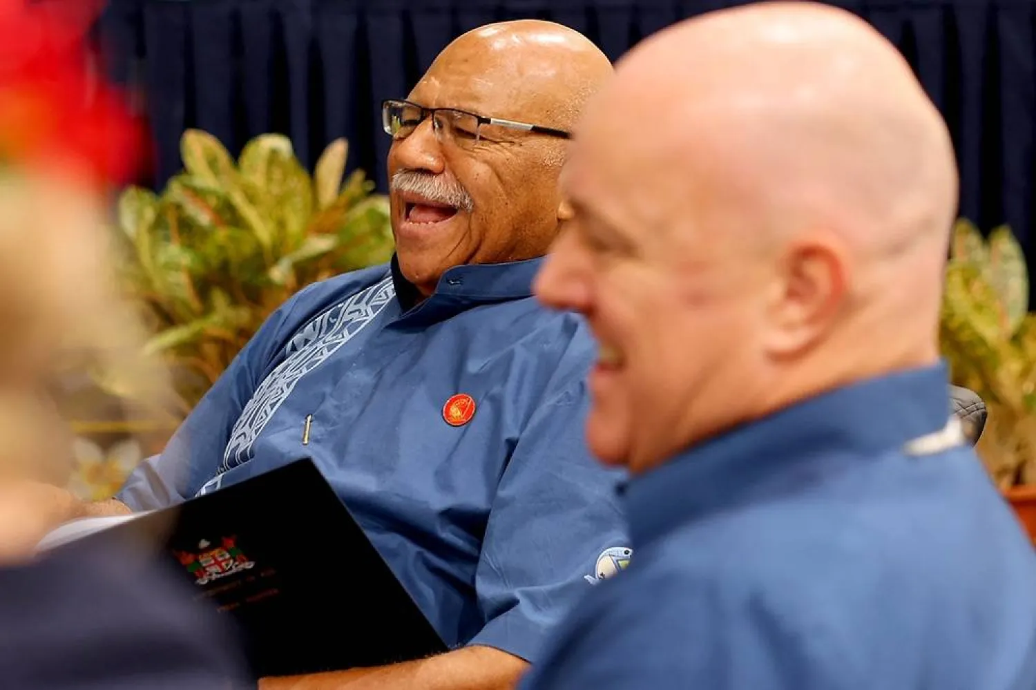 Fiji's Prime Minister Sitiveni Rabuka (L) holds a bilateral meeting with New Zealand's Prime Minister Christopher Luxon on the sidelines of the Pacific Islands Forum summit in Honiara, the capital of the Solomon Islands, on September 10, 2025. (AFP)