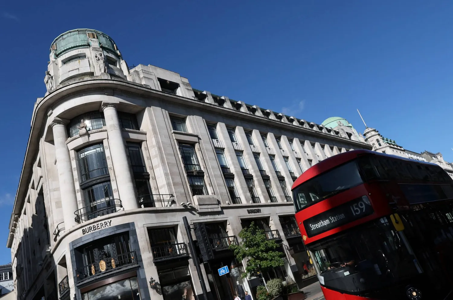 A London bus drives past the Burberry flagship store in Regent Street, in London, Britain, September 8, 2025. REUTERS/Toby Melville
