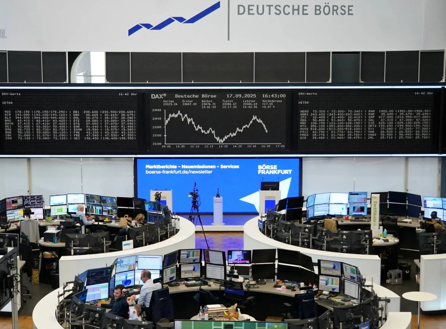 رسم بياني لمؤشر الأسهم الألماني «داكس» في بورصة فرنكفورت (رويترز)