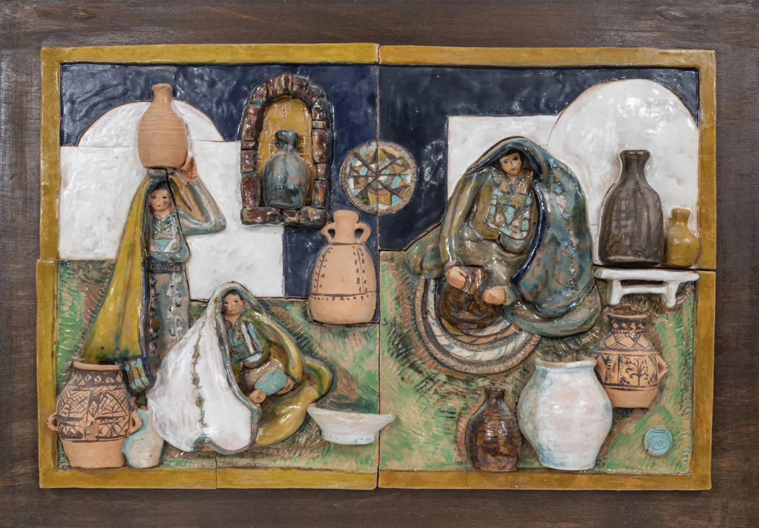 «نساء فلسطينيات في العمل» 1979م للفنانة فيرا تماري (مقتنيات مؤسسة بارجيل للفنون - الشارقة)