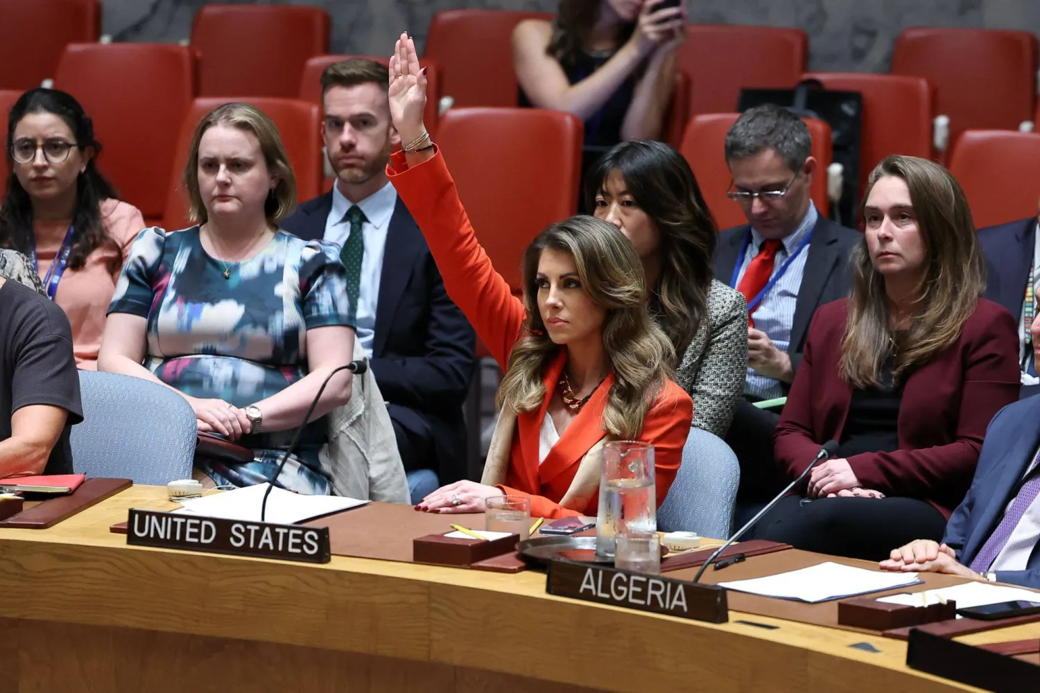 US deputy Middle East envoy Morgan Ortagus (C) raises her hand to veto a draft resolution during a United Nations Security Council meeting on the situation in Gaza, at UN headquarters in New York on September 18, 2025. (AFP)