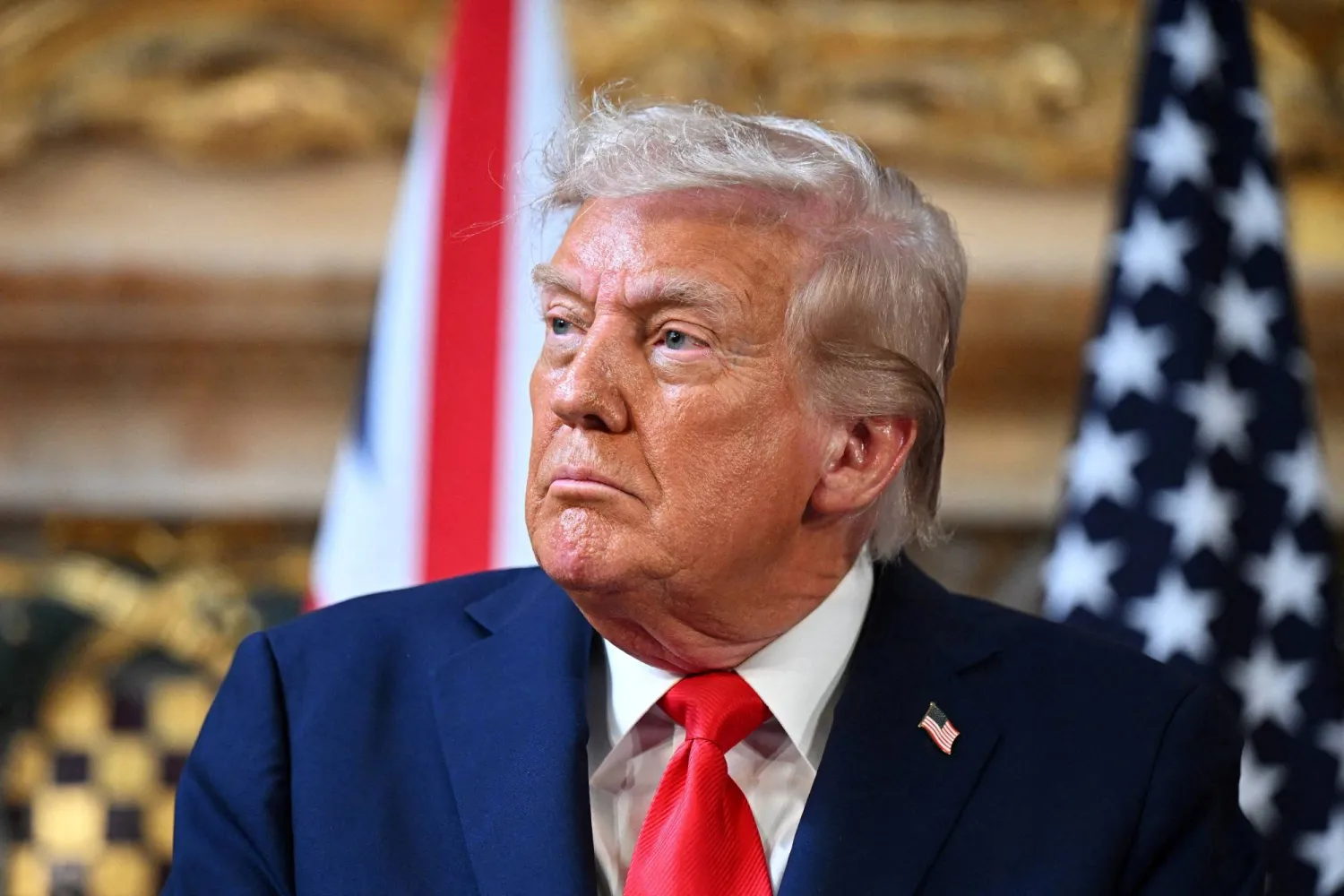 FILE PHOTO: US President Donald Trump attends a press conference with UK Prime Minister Keir Starmer (not pictured) at Chequers at the conclusion of a state visit on September 18, 2025 in Aylesbury, England. Leon Neal/Pool via REUTERS/File Photo