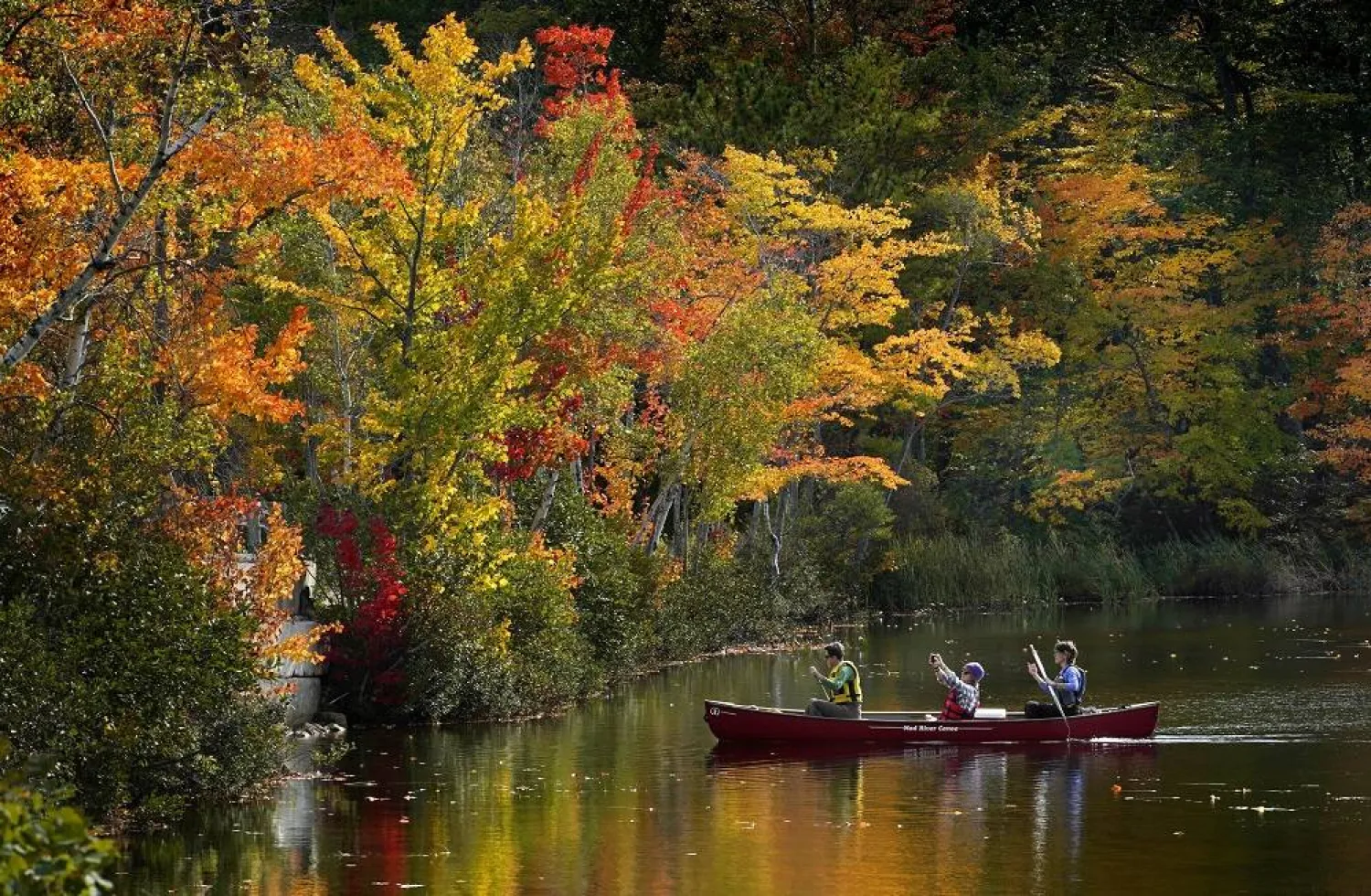 A passenger on a canoe photographs the brilliant fall foliage on South Pond, Oct. 9, 2021, in Bryant Point, Maine. (AP)