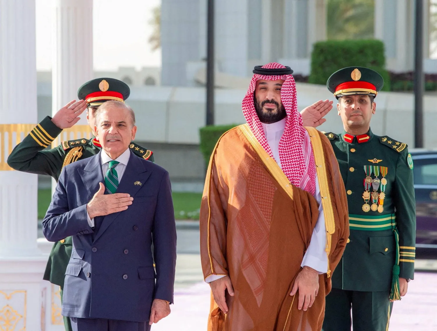 Prince Mohammed bin Salman, Saudi Crown Prince and Prime Minister, and Pakistan Prime Minister Shehbaz Sharif meet in Riyadh, Saudi Arabia, September 17, 2025. (SPA) 