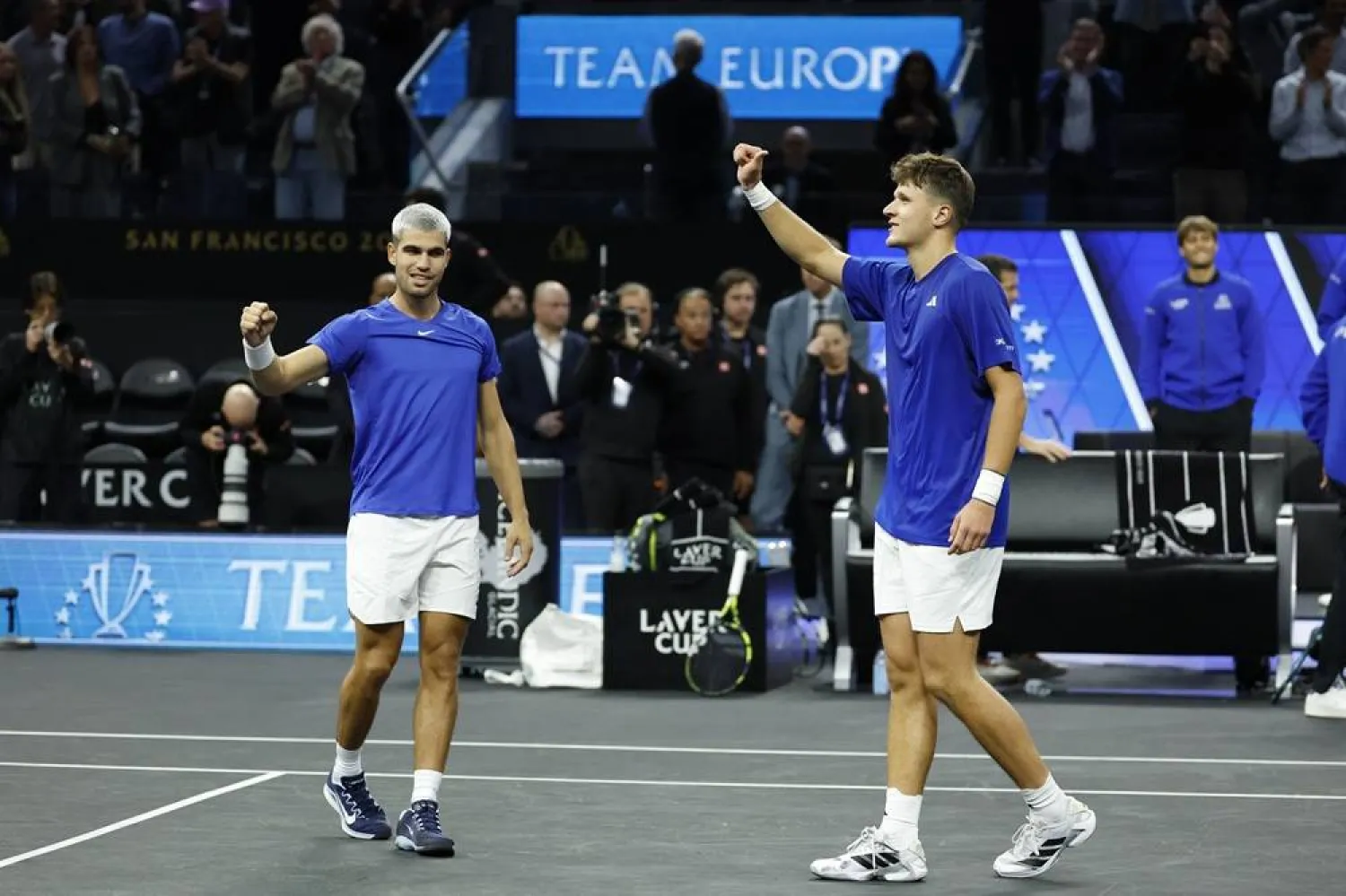 Team Europe's Jakub Mensik of the Czech Republic (R) and Team Europe's Carlos Alcaraz of Spain (L) acknowledge the crowd after defeating Team World's Taylor Fritz and Alex Michelsen of the USA during Day 1 of the Laver Cup tennis tournament in San Francisco, California, USA, 19 September 2025. (EPA)