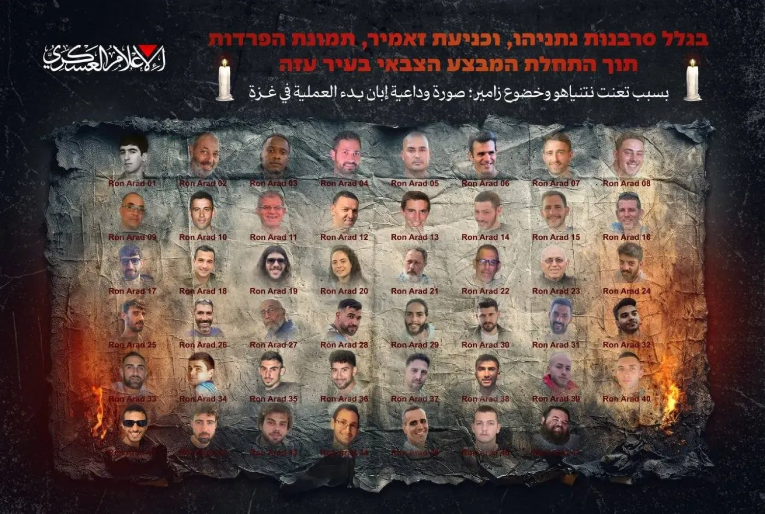 Hamas'ın askeri kanadı İzzeddin el-Kassam Tugayları tarafından bugün yayınlanan, Gazze Şeridi'nde tutulan rehineleri gösteren bir görsel