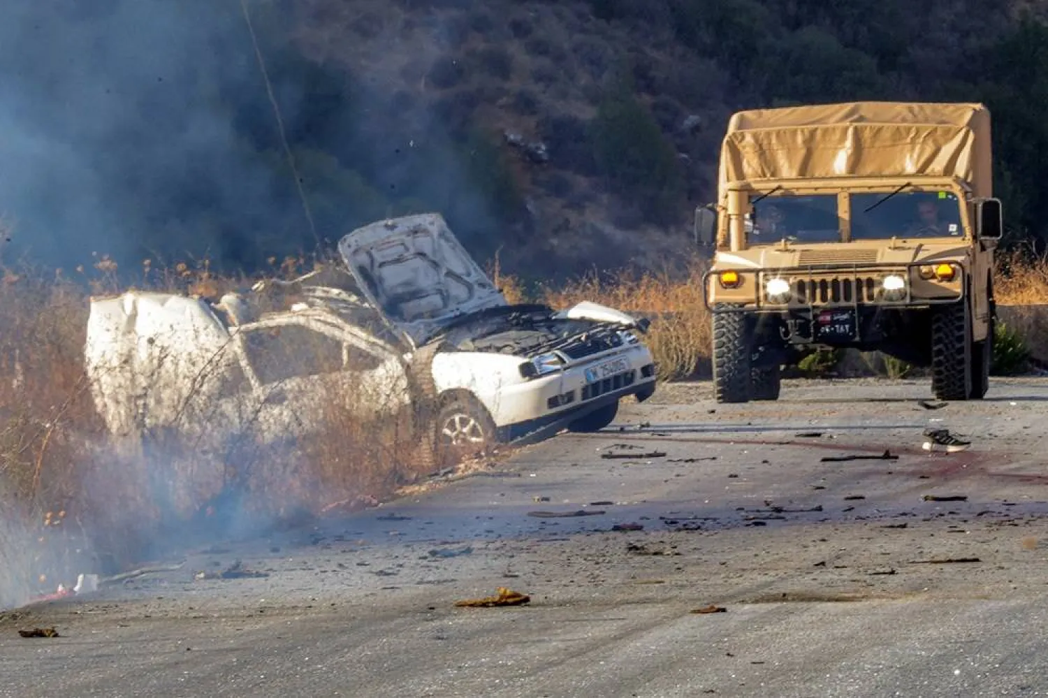 A Lebanese army humvee vehicle is pictured at the site of an Israeli strike on a vehicle on the Khardali road in south Lebanon's Marjeyoun area on September 20, 2025. (AFP)
