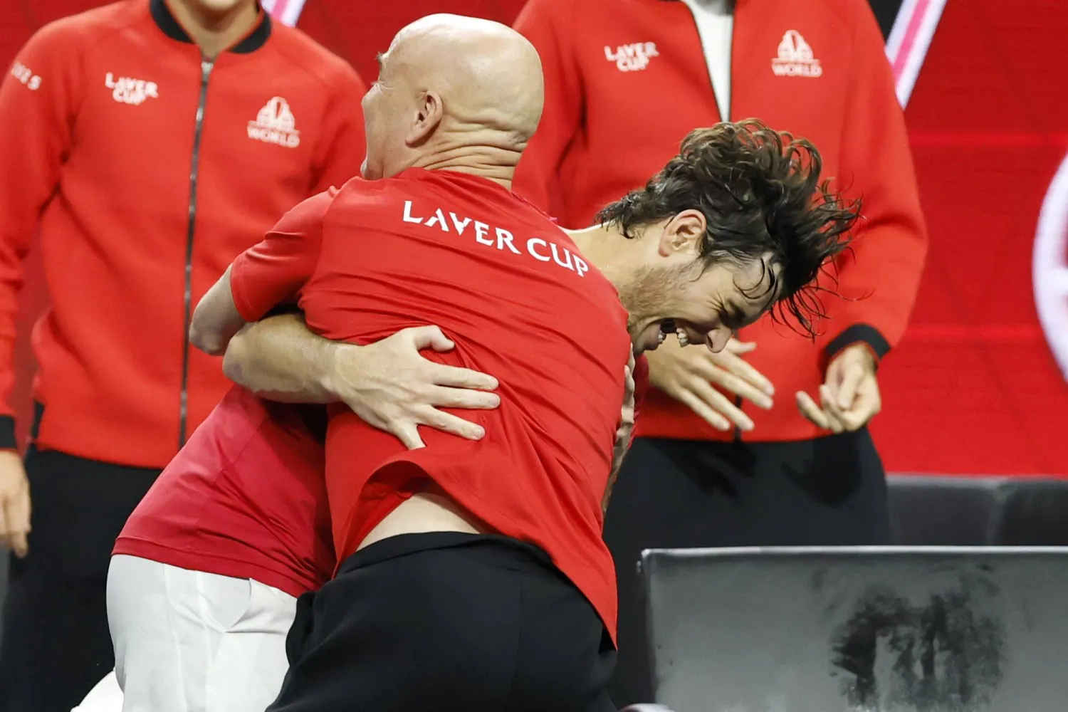 Team World's Taylor Fritz (R) of the USA celebrates with Team World Captain Andre Agassi (L) of the USA after Fritz defeated Team Europe's Carlos Alcaraz of Spain during Day 2 of the Laver Cup tennis tournament in San Francisco, California, USA, 20 September 2025. EPA/JOHN G. MABANGLO