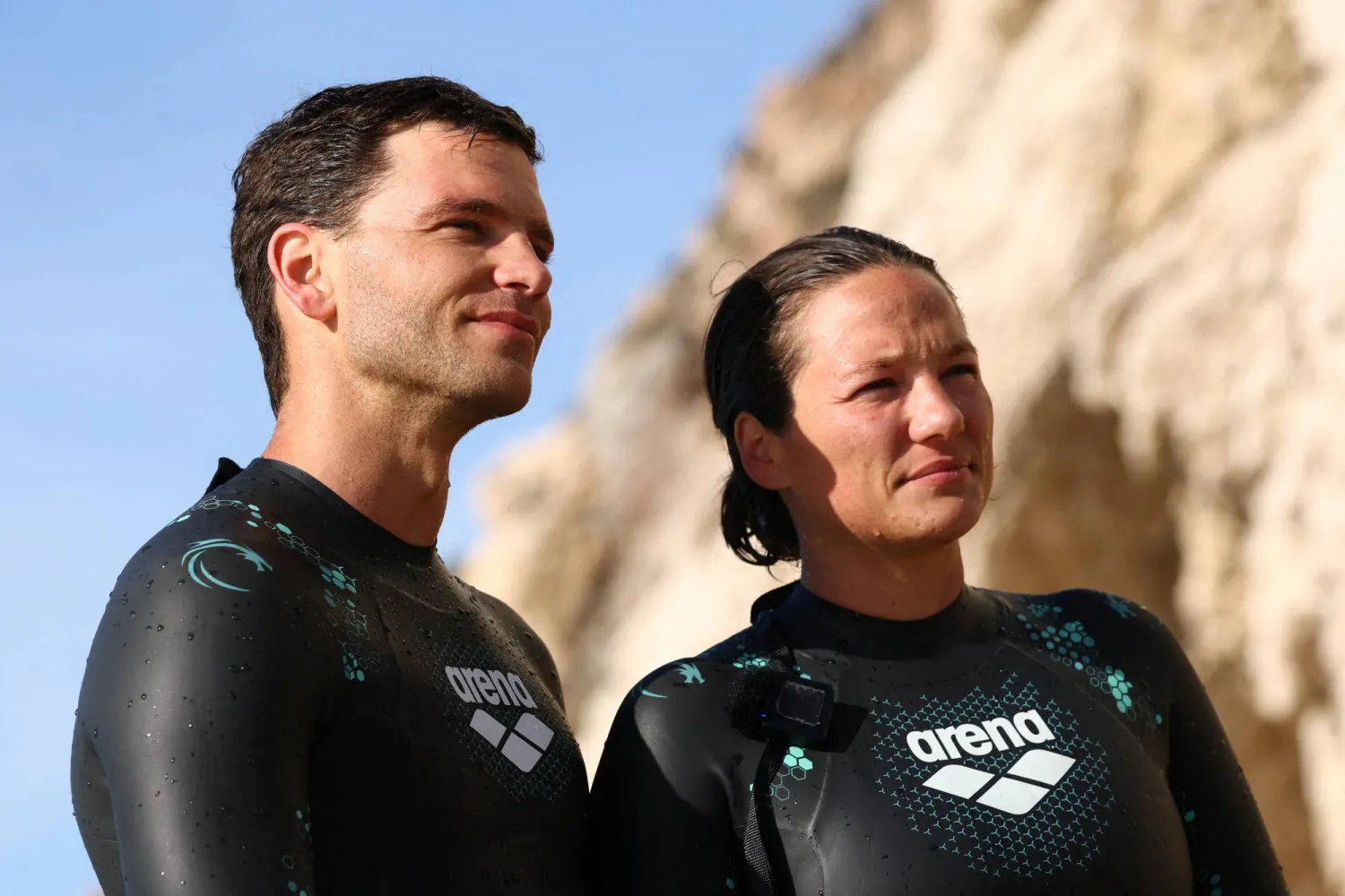 French swimmers and 'eco-adventurers' Chloe Leger Witvoet and Matthieu Witvoet attend an interview after a training session, ahead of a cross-Atlantic swim scheduled to start in Cape Verde and to end in the French overseas department of Guadeloupe, in Marseille, France, September 17, 2025. REUTERS/Manon Cruz