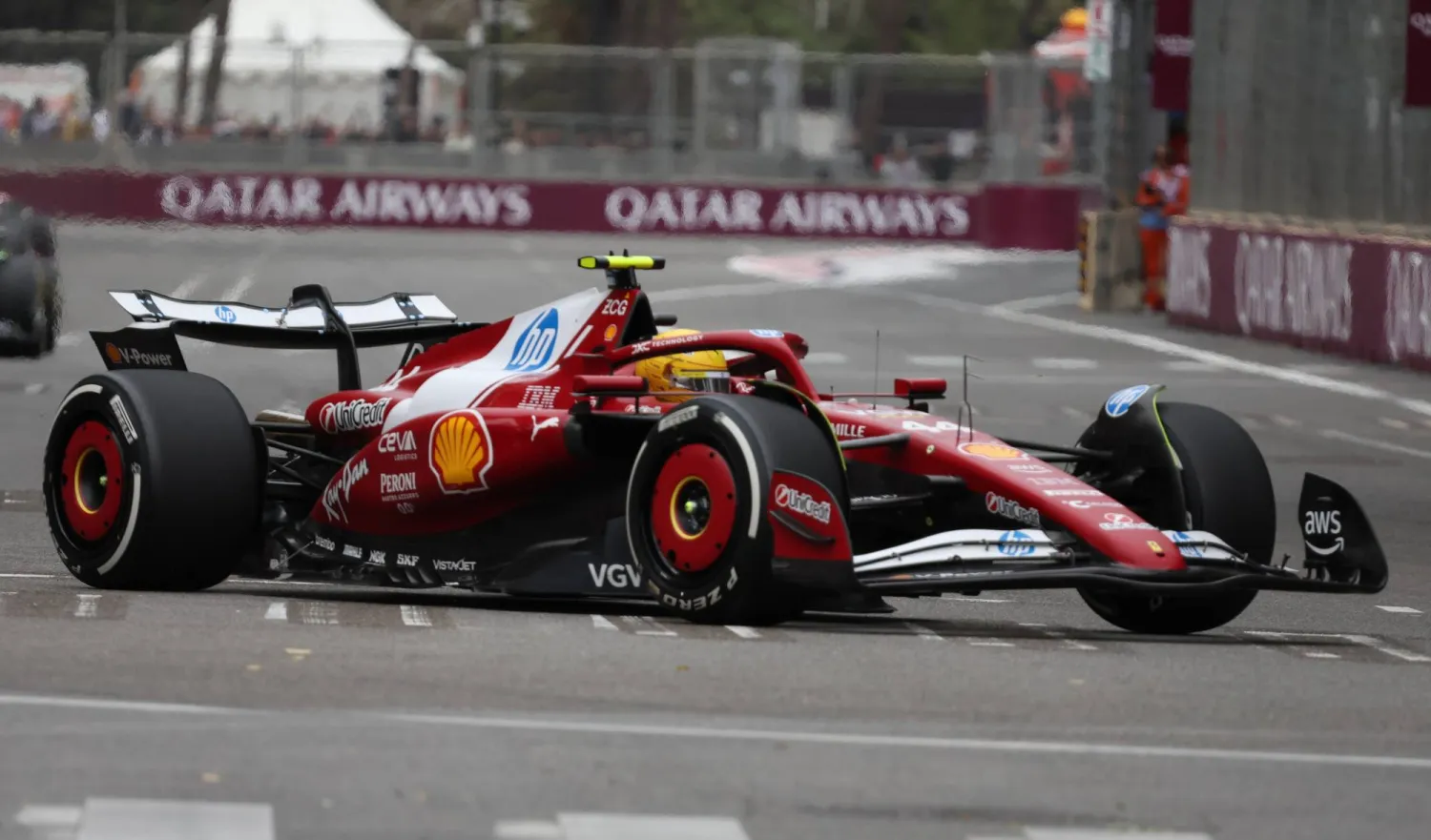 Scuderia Ferrari driver Lewis Hamilton of Britain competes in the 2025 Formula 1 Azerbaijan Grand Prix held at the Baku City Circuit in Baku, Azerbaijan, 21 September 2025. (EPA)