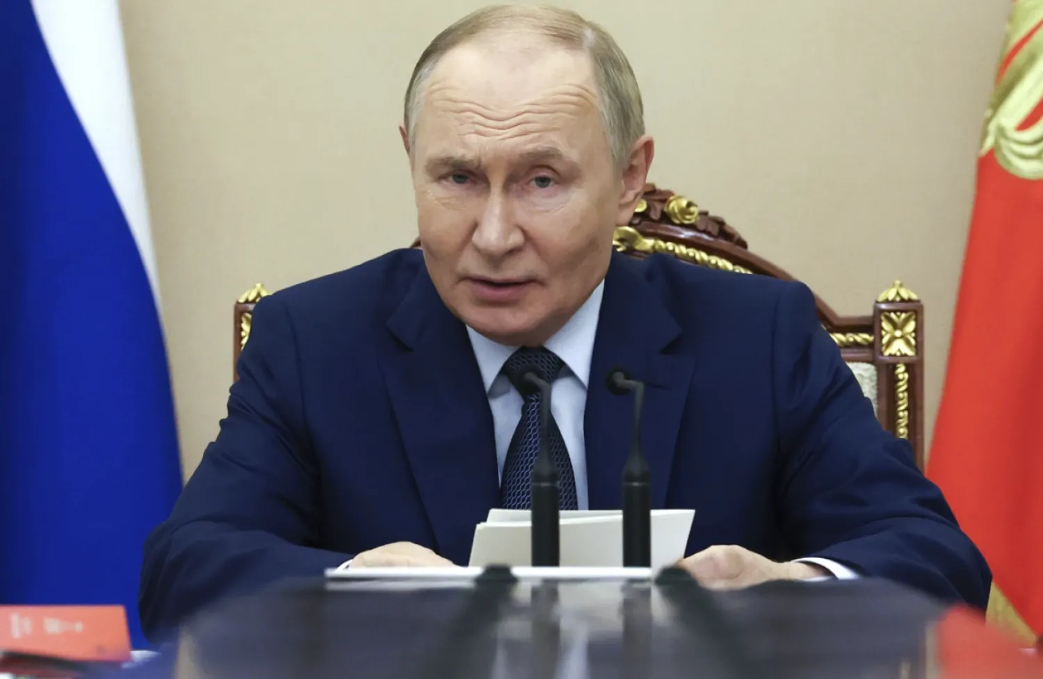 Russian President Vladimir Putin chairs a Security Council meeting at the Kremlin in Moscow, Russia, Monday, Sept. 22, 2025. (Alexander Kazakov, Sputnik, Kremlin Pool Photo via AP)