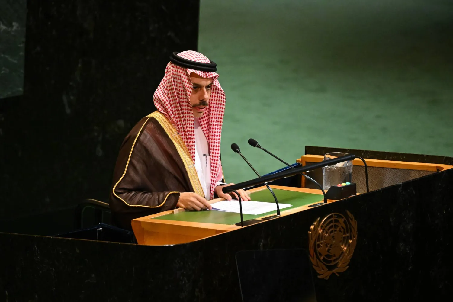 Saudi Foreign Minister Prince Faisal bin Farhan addresses the High-Level International Conference for the Peaceful Settlement of the Question of Palestine and the Implementation of the Two-State Solution, at the United Nations (UN) headquarters in New York, New York, USA, 22 September 2025. The UN General Assembly's high-level week runs from 22 until 30 September.  EPA/LUKAS COCH AUSTRALIA AND NEW ZEALAND OUT