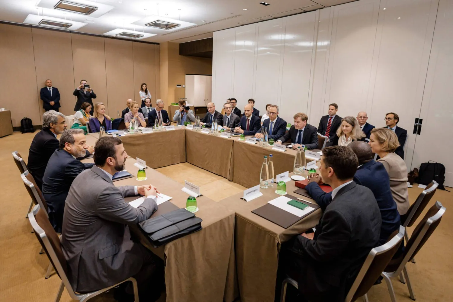This handout photograph taken and released by the German Federal Foreign Office on June 20, 2025 shows Iran's Foreign Minister Abbas Araghchi (2nd L) during meeting on Tehran's nuclear program, with Germany's Foreign Minister Johann Wadephul, France's Minister for Europe and Foreign Affairs Jean-Noel Barrot, European Union High Representative for Foreign Affairs and Security Policy, Kaja Kallas and Britain's Foreign Secretary David Lammy, at the Intercontinental Hotel in Geneva. (Photo by Handout / German Federal Foreign Office / AFP)  
