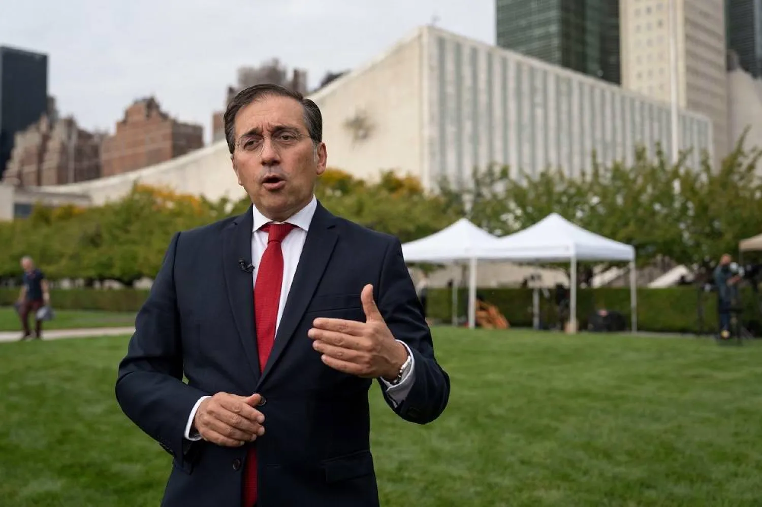 Spain's Minister of Foreign Affairs José Manuel Albares speaks during an interview at United Nations headquarters, Monday, Sept. 22, 2025. (AP)