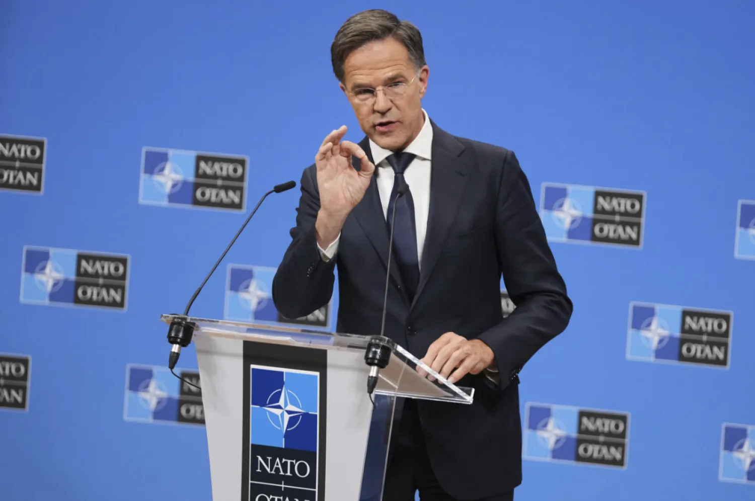 NATO Secretary General Mark Rutte speaks during a media conference at NATO headquarters in Brussels, Tuesday, Sept. 23, 2025. (AP Photo/Virginia Mayo)