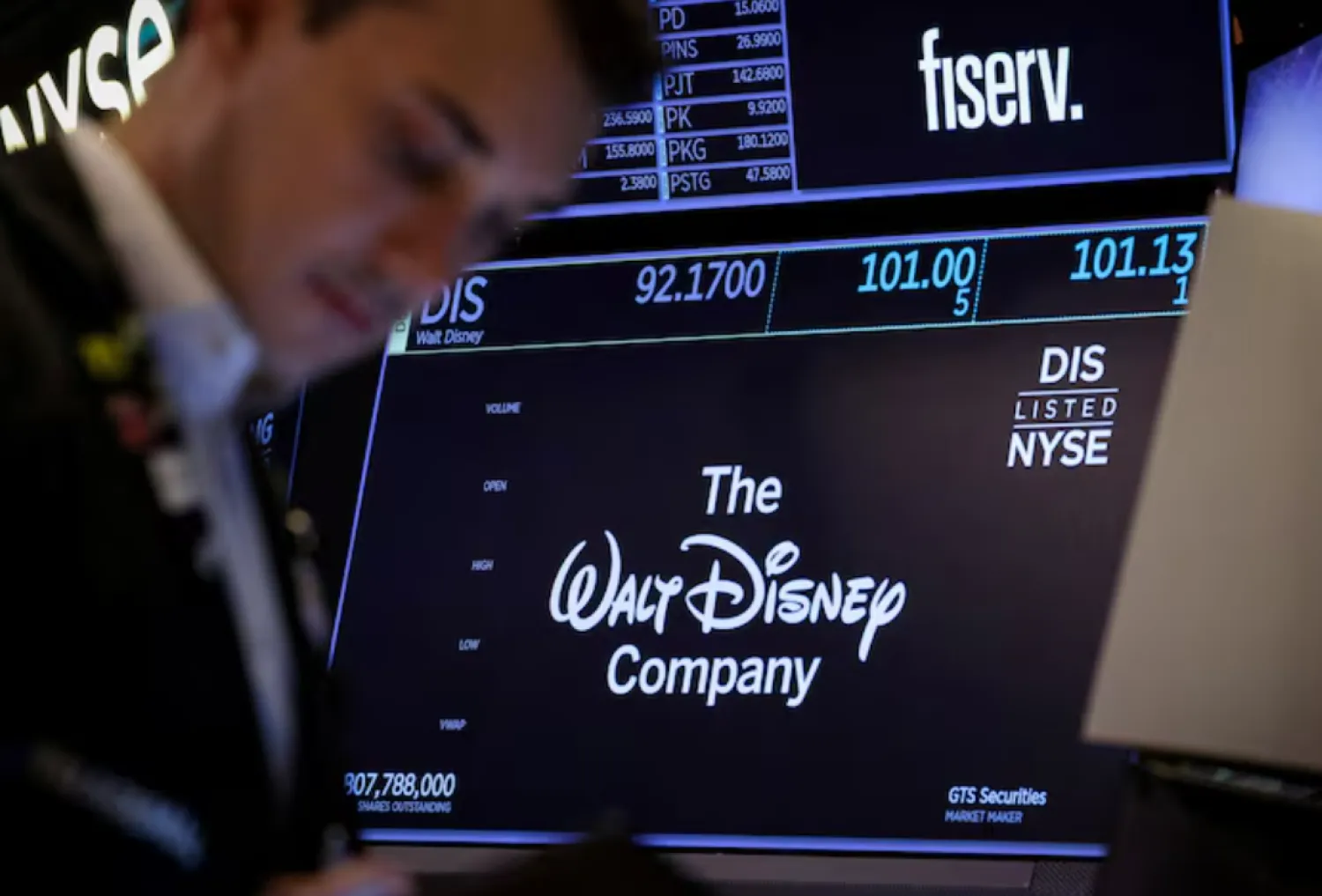 A screen shows the trading information and company logo for The Walt Disney company on the floor at the New York Stock Exchange (NYSE) in New York City, US, May 7, 2025. REUTERS/Brendan McDermid/File Photo 
