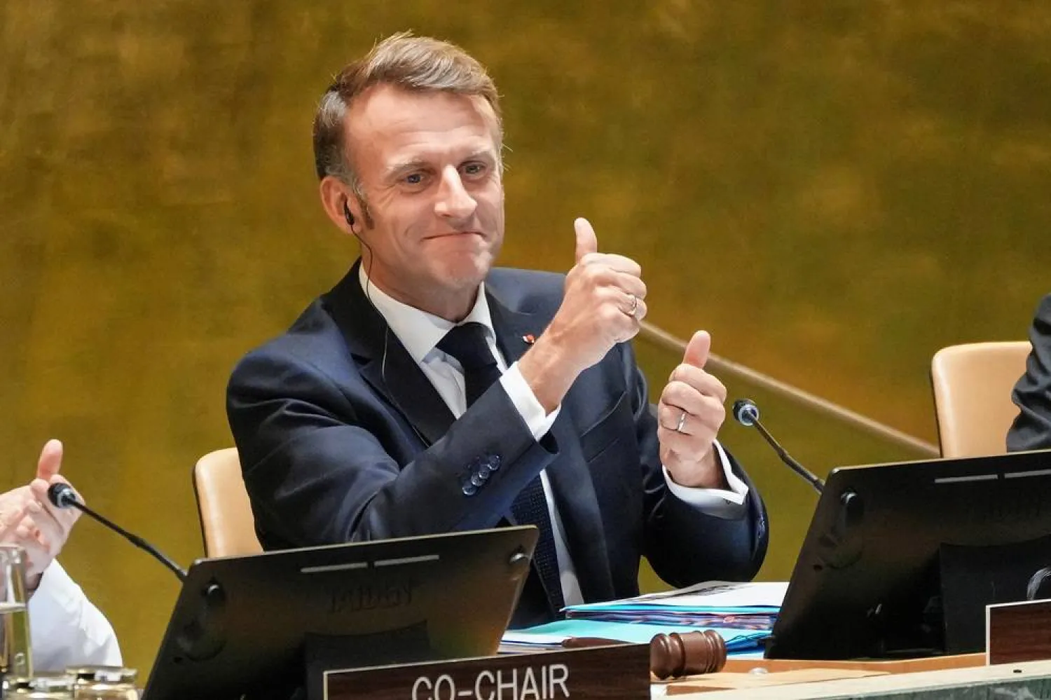 French President Emmanuel Macron gives a thumb up during a high-level meeting of heads of state on a two-state solution between Israel and the Palestinians at United Nations headquarters in New York City, US, September 22, 2025. (Reuters)